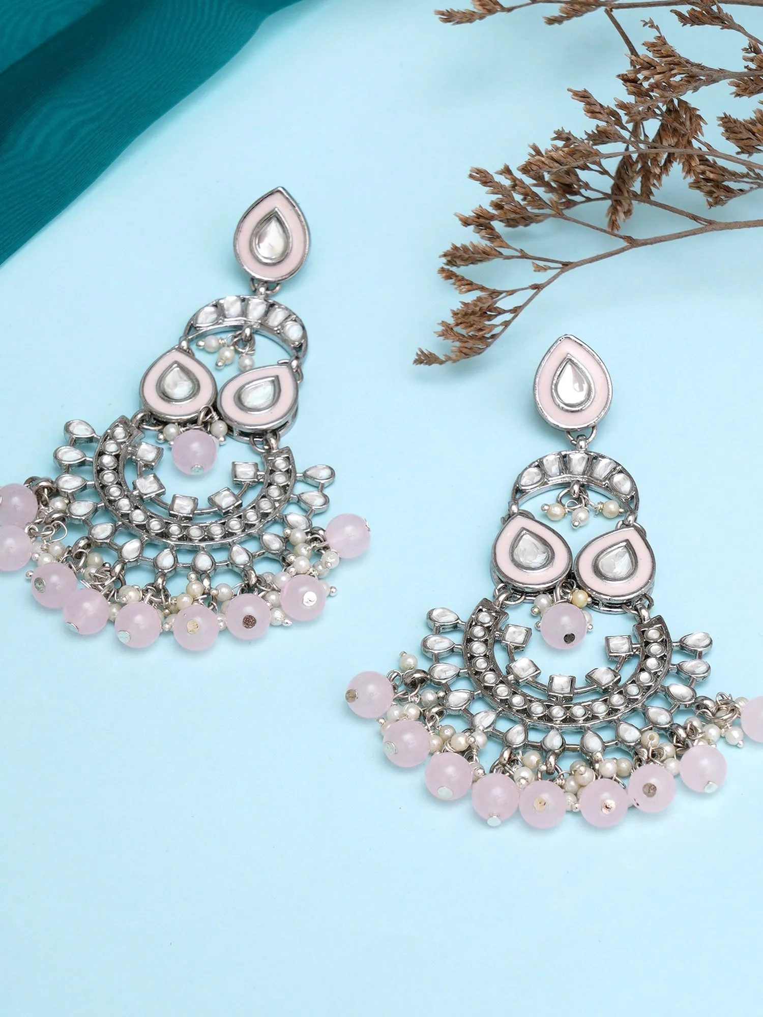 Karatcart Oxidised Silver Pink Beads Kundan Dangler Earrings for Women