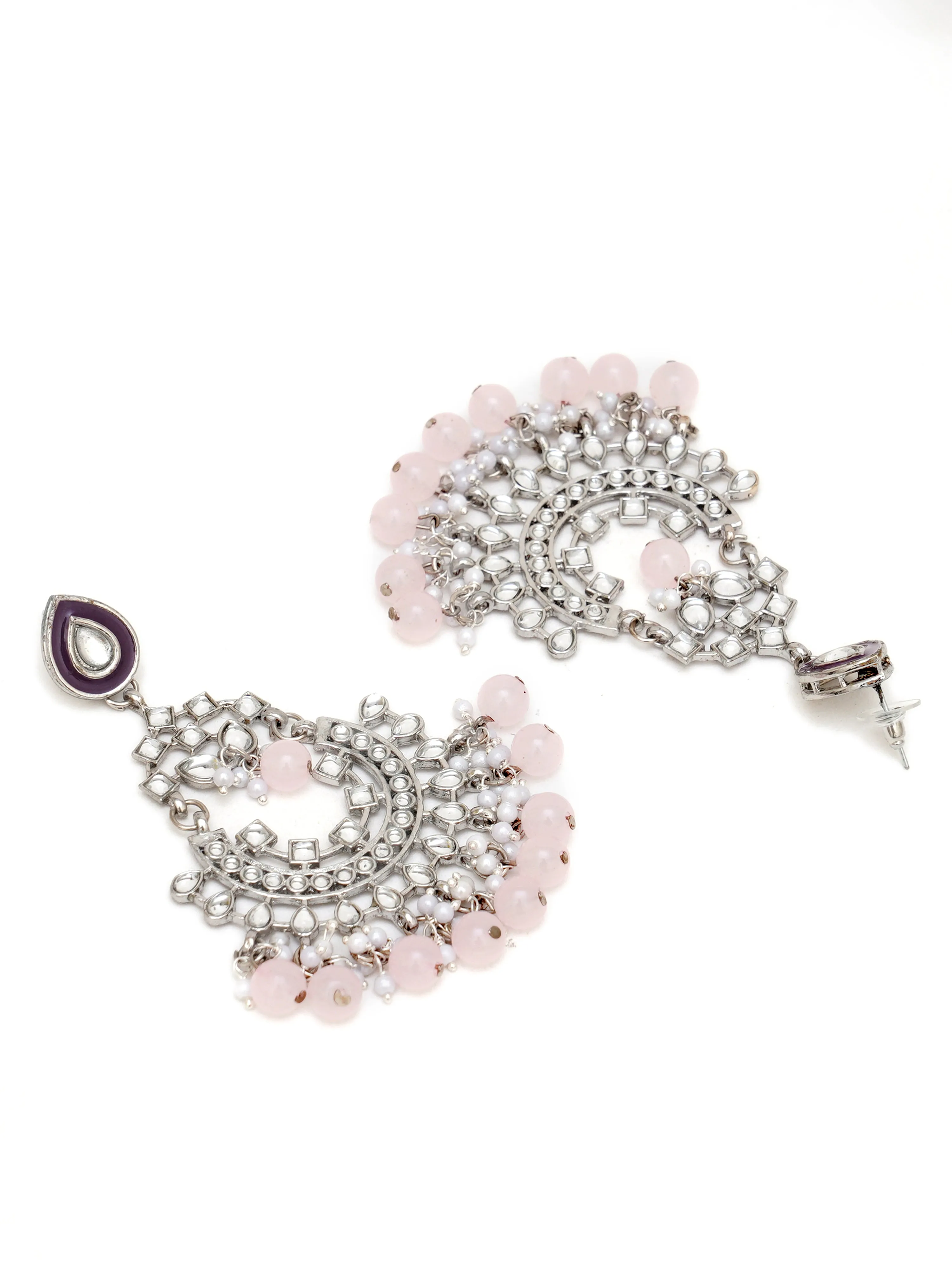 Karatcart Oxidised Silver Pink Beads Purple Kundan Chandbali Earrings for Women