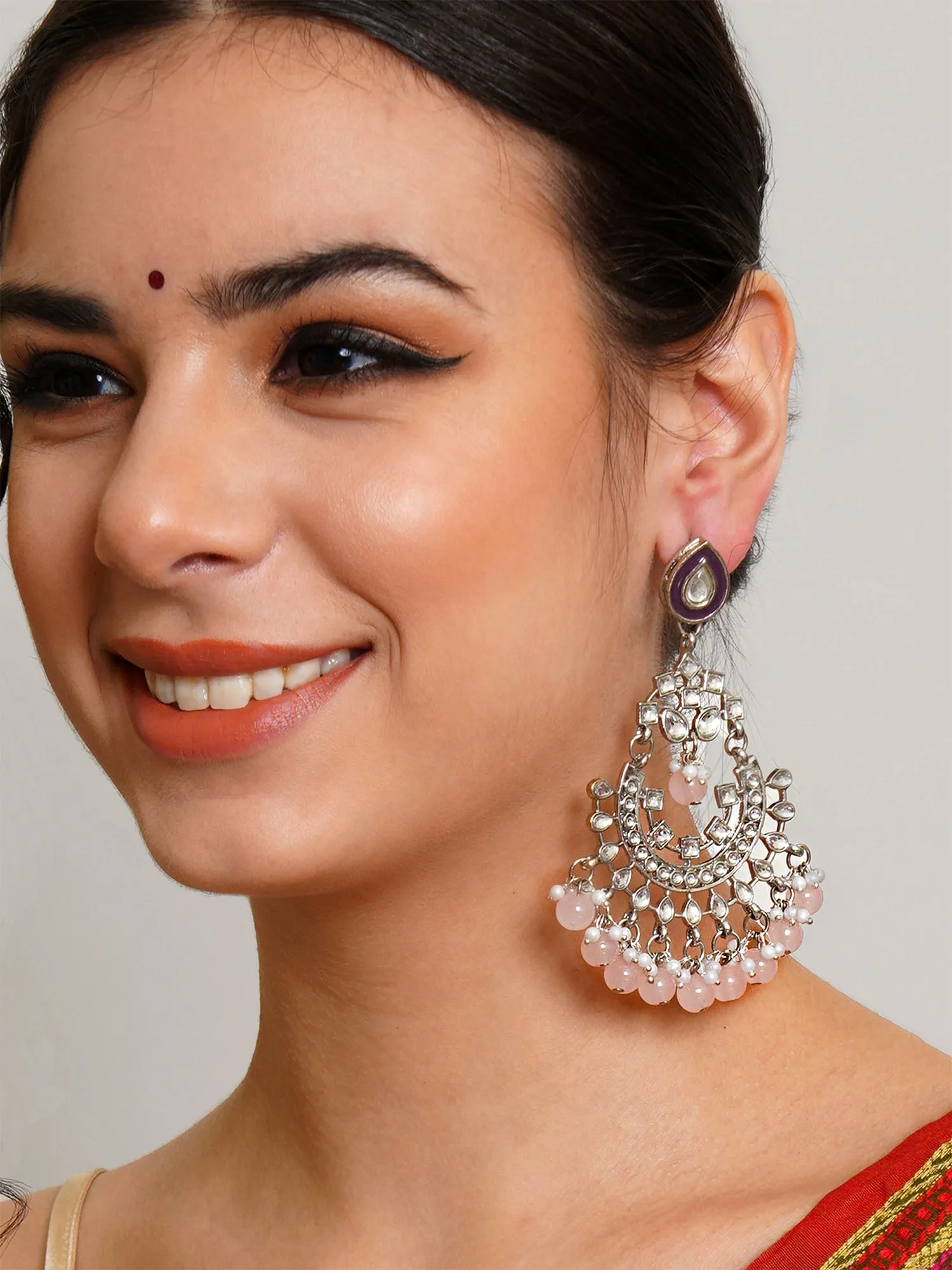 Karatcart Oxidised Silver Pink Beads Purple Kundan Chandbali Earrings for Women