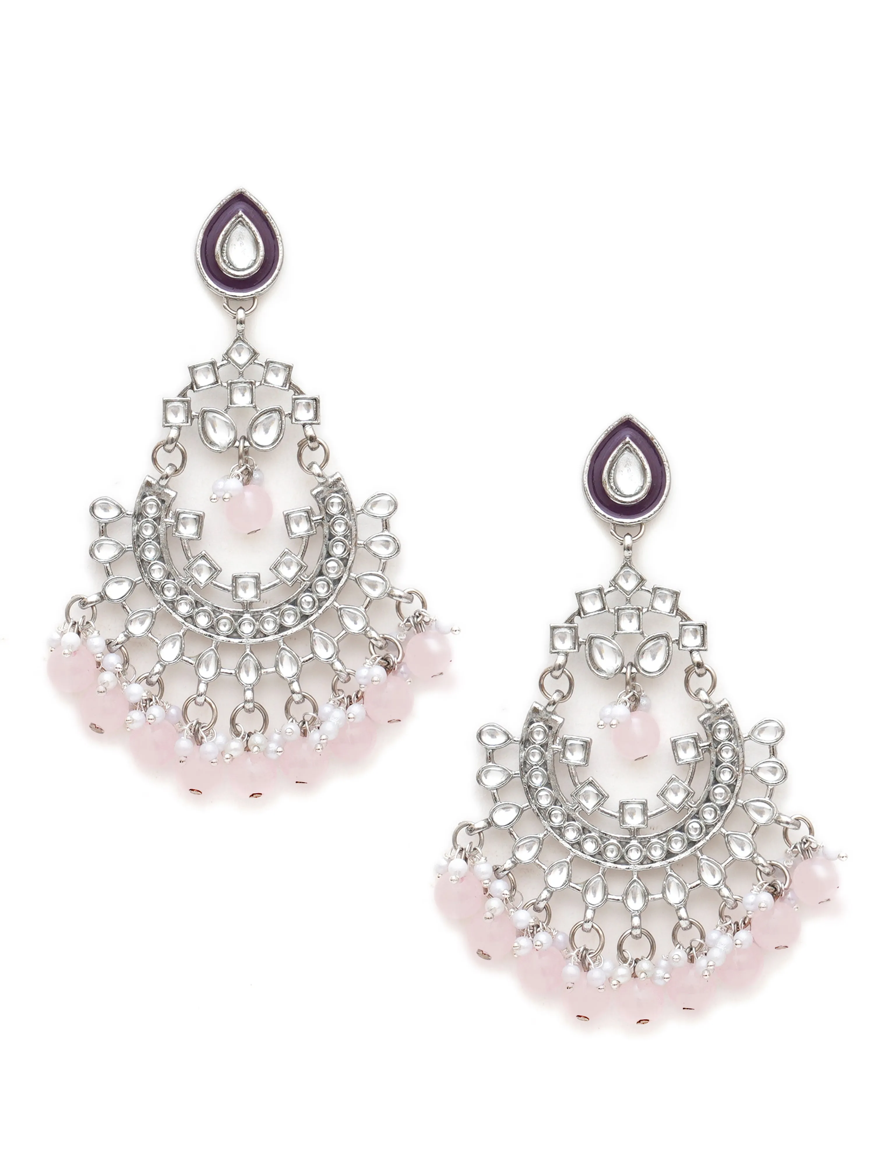Karatcart Oxidised Silver Pink Beads Purple Kundan Chandbali Earrings for Women