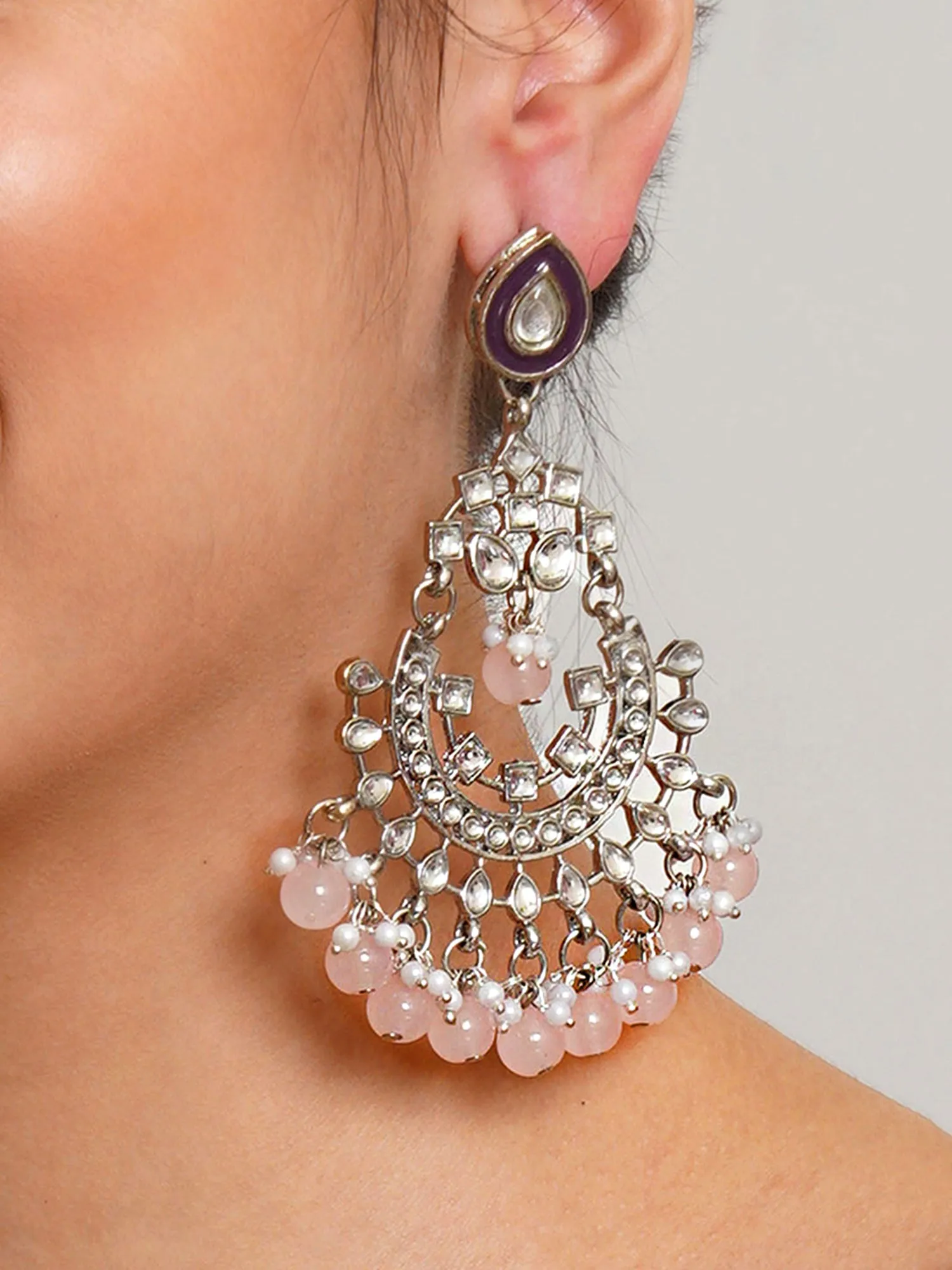 Karatcart Oxidised Silver Pink Beads Purple Kundan Chandbali Earrings for Women