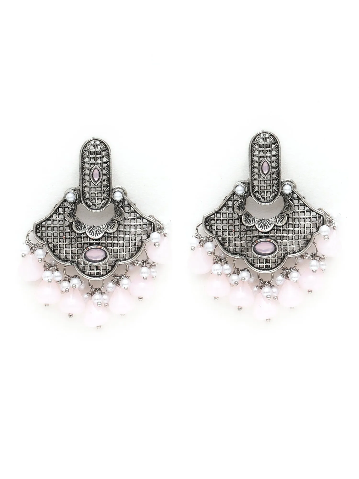 Karatcart Oxidised Silver Pink Monalisa Stone and Pearl Studded Dangler Earrings for Women