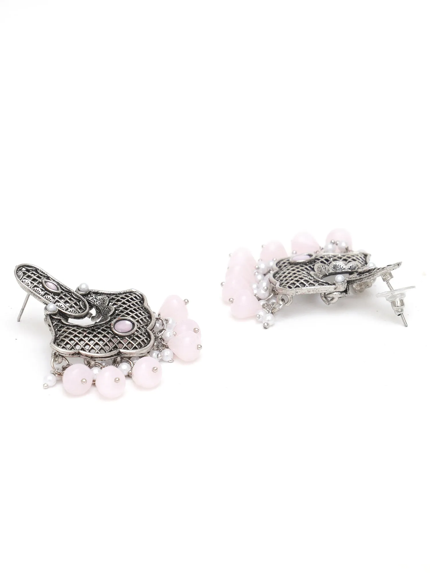 Karatcart Oxidised Silver Pink Monalisa Stone and Pearl Studded Dangler Earrings for Women