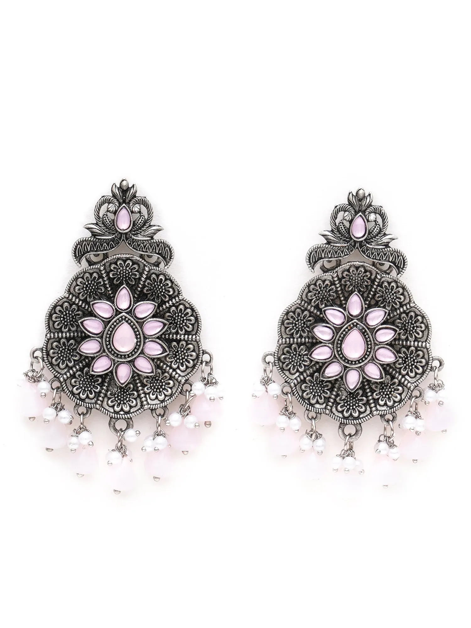 Karatcart Oxidised Silver Pink Monalisa Stone Studded Floral Dangler Earrings for Women