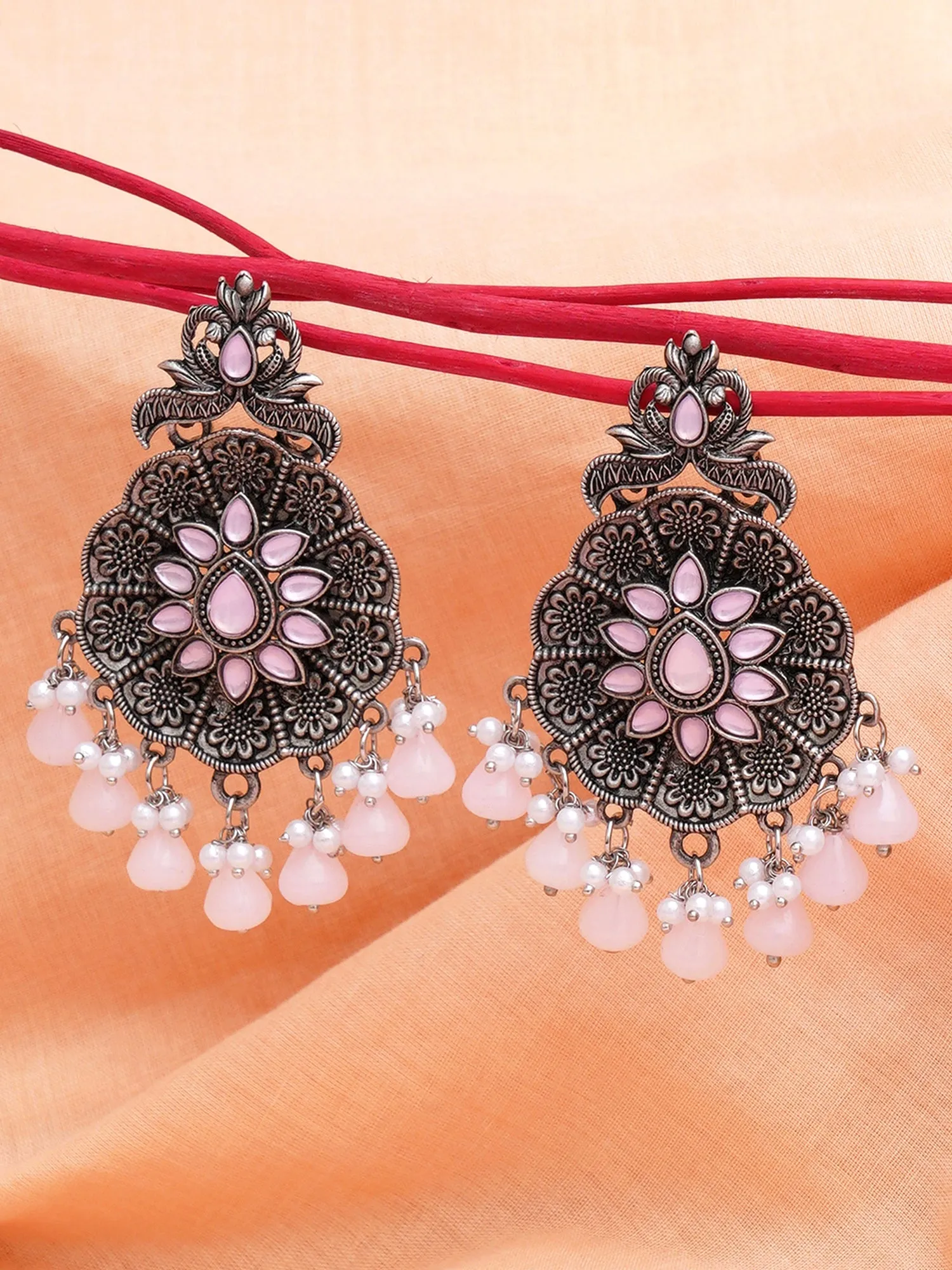 Karatcart Oxidised Silver Pink Monalisa Stone Studded Floral Dangler Earrings for Women