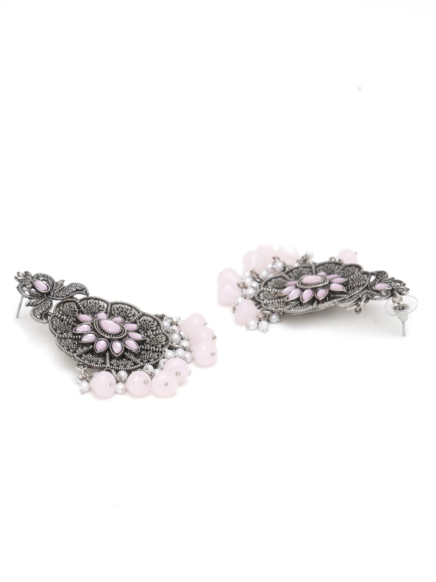 Karatcart Oxidised Silver Pink Monalisa Stone Studded Floral Dangler Earrings for Women