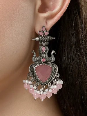 Karatcart Oxidised Silver Pink Stone and Beads Drop Earrings for Women