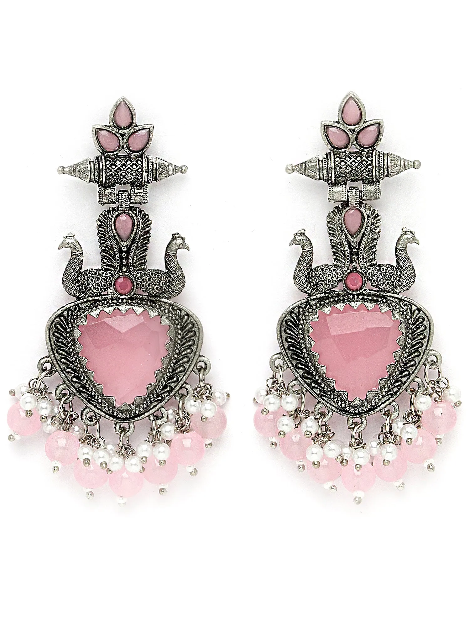 Karatcart Oxidised Silver Pink Stone and Beads Drop Earrings for Women