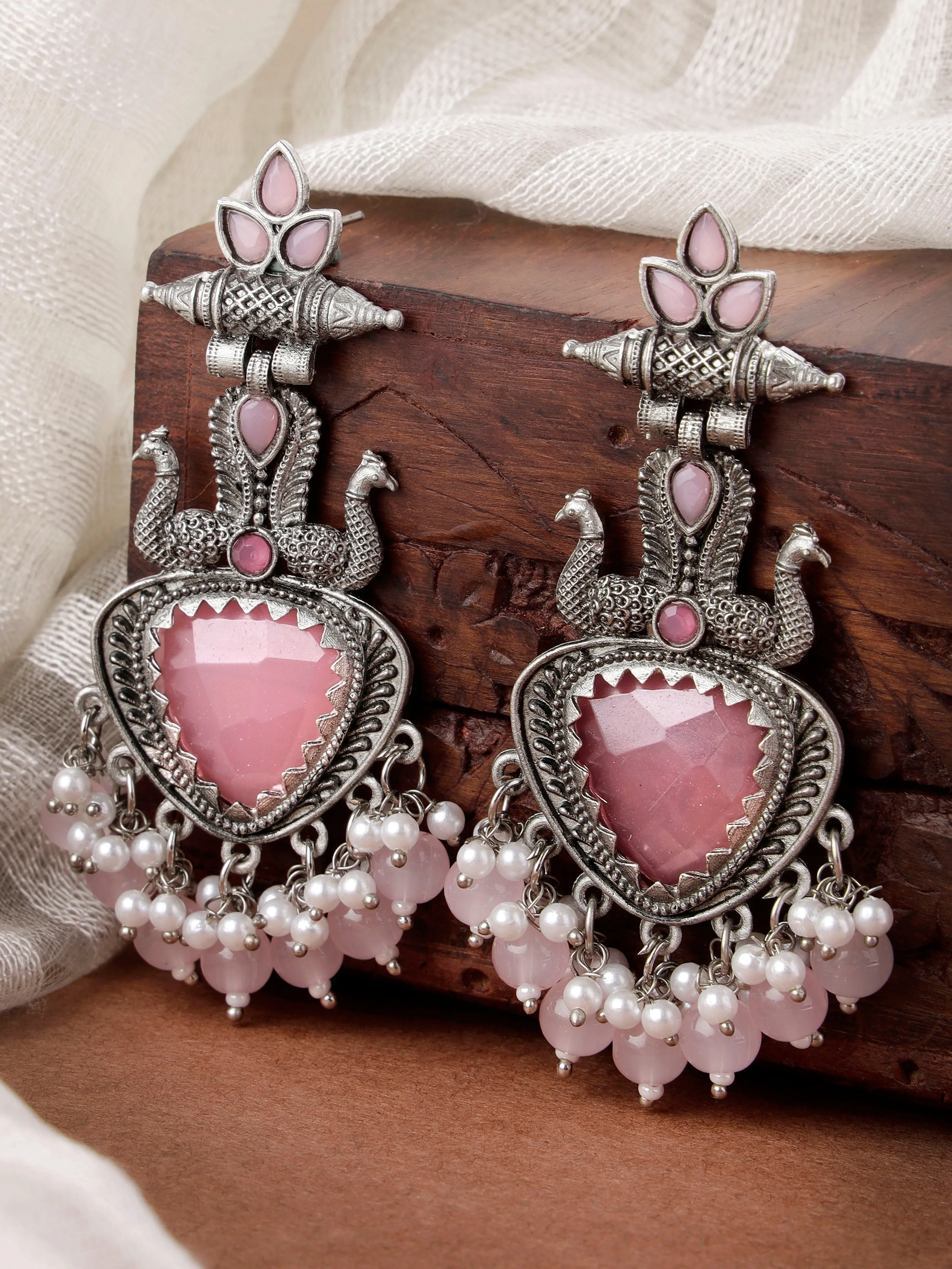Karatcart Oxidised Silver Pink Stone and Beads Drop Earrings for Women