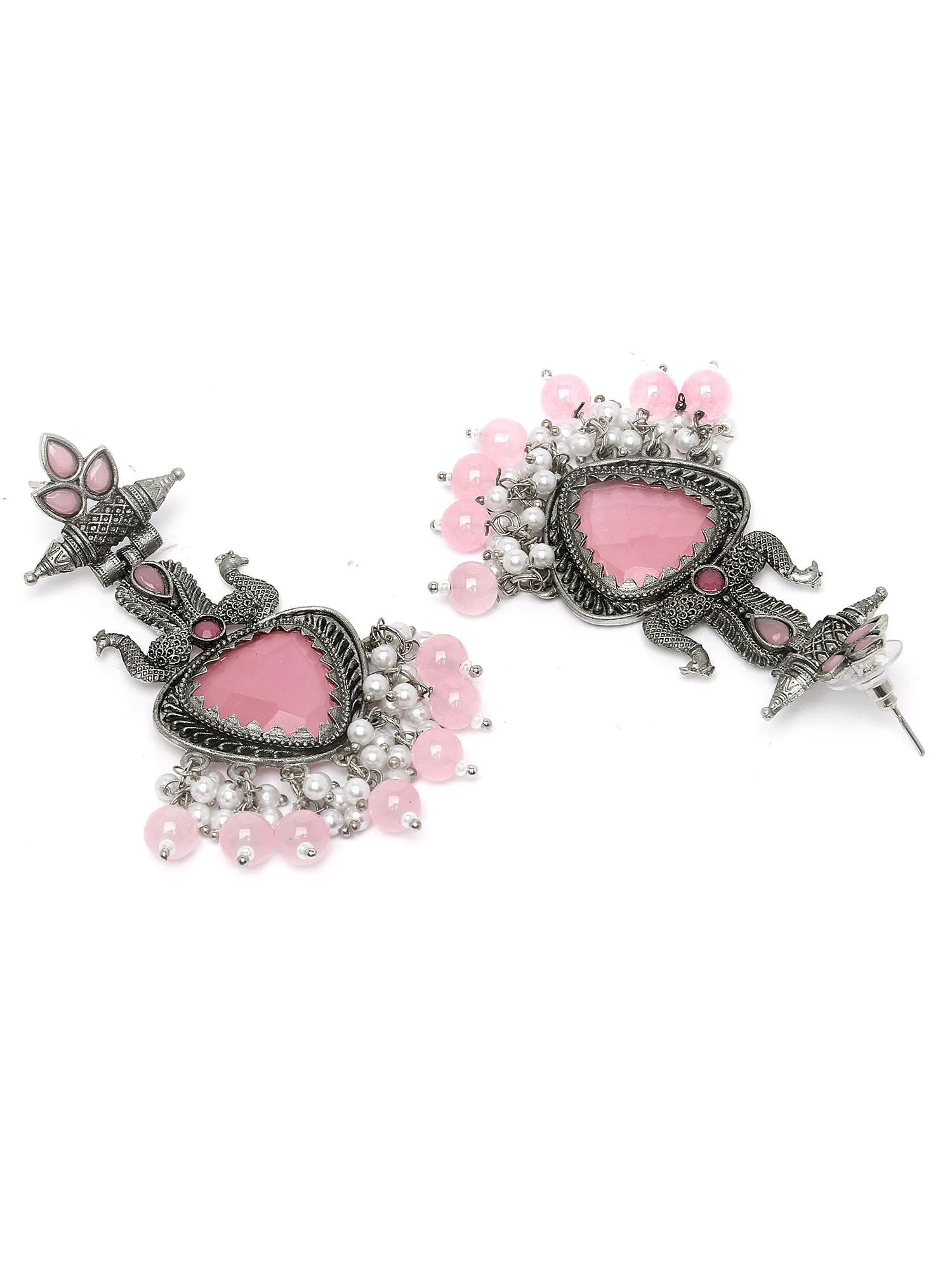 Karatcart Oxidised Silver Pink Stone and Beads Drop Earrings for Women