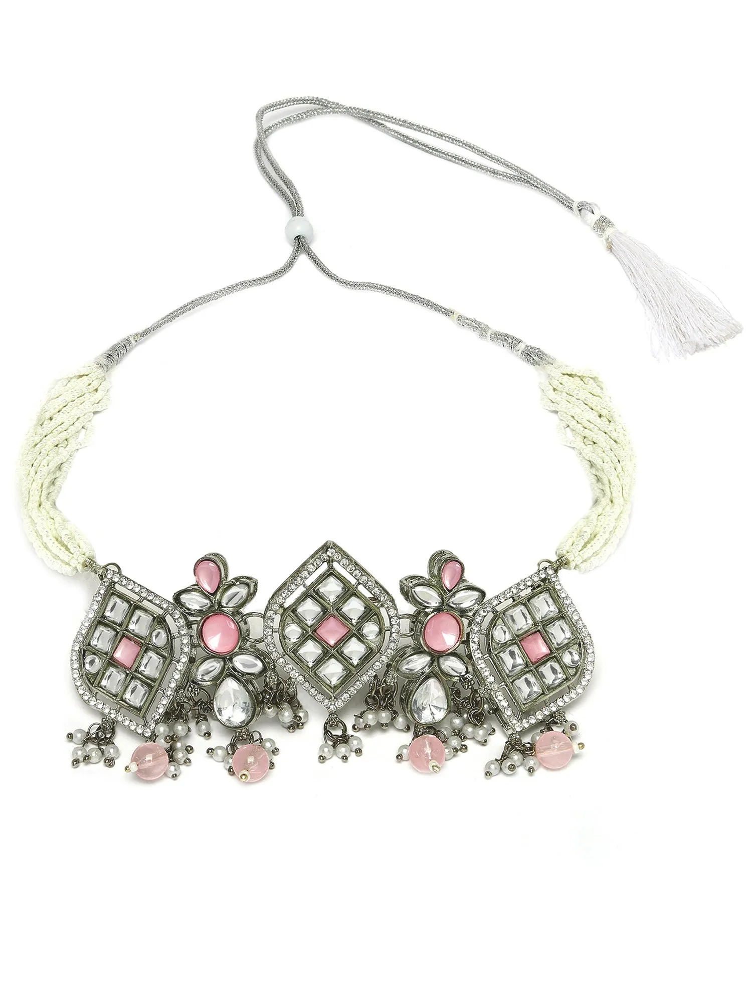 Karatcart Oxidised Silver Pink Stone Kundan Choker Necklace Set for Women