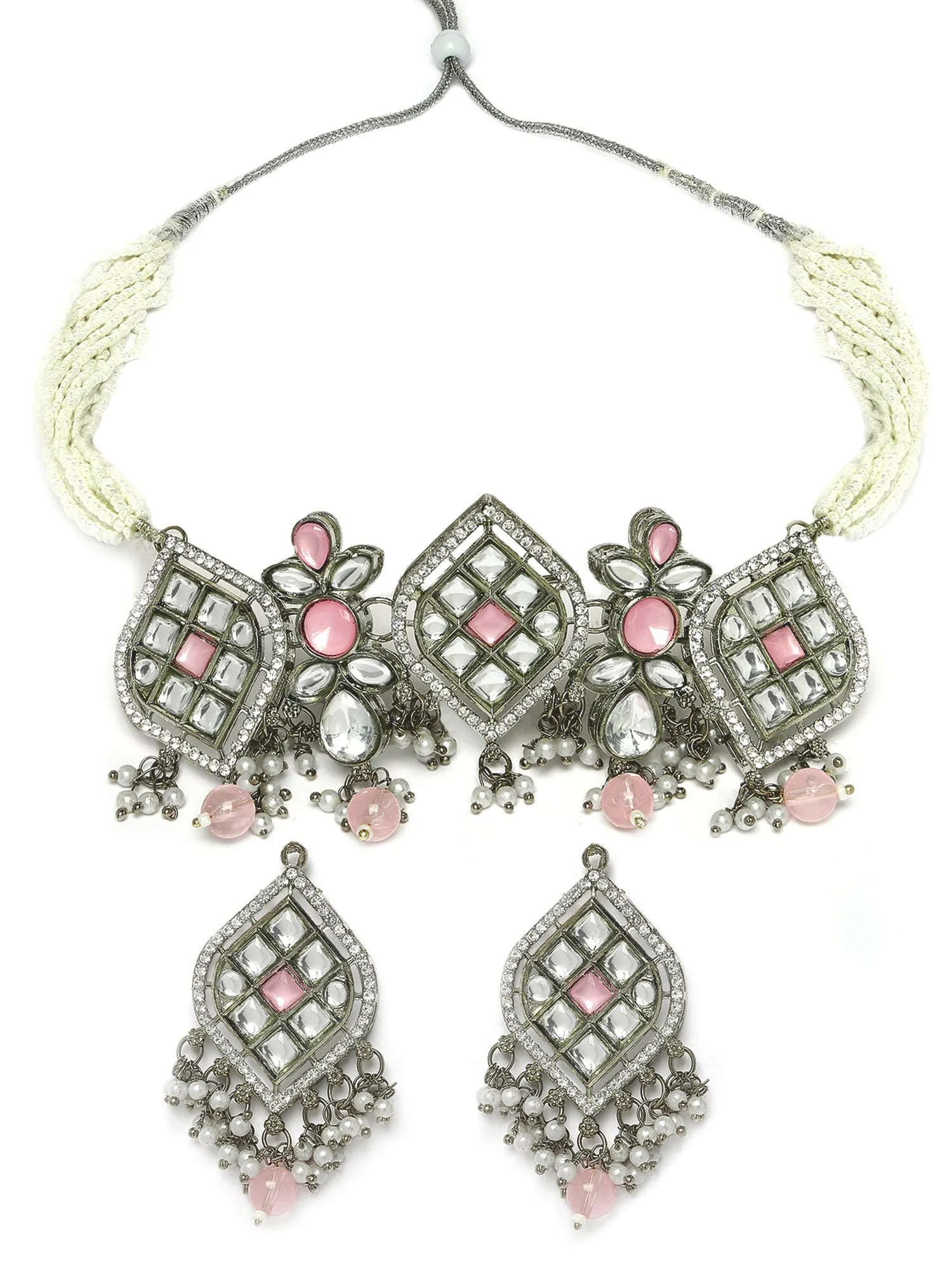 Karatcart Oxidised Silver Pink Stone Kundan Choker Necklace Set for Women