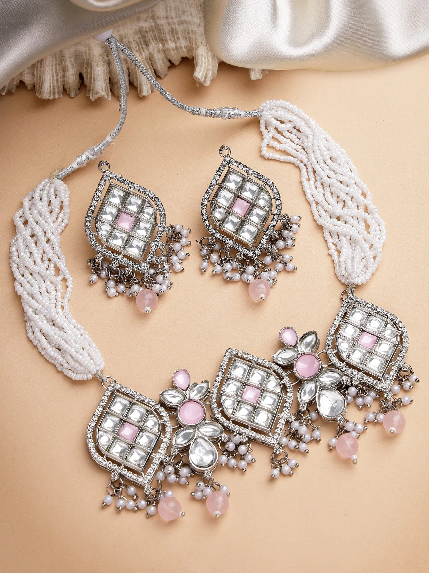 Karatcart Oxidised Silver Pink Stone Kundan Choker Necklace Set for Women
