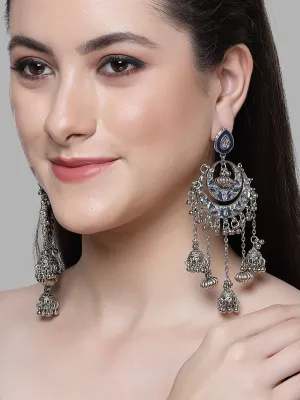 Karatcart Oxidised Silver Plated Blue Meena and Kundan Dangler Earrings for Women