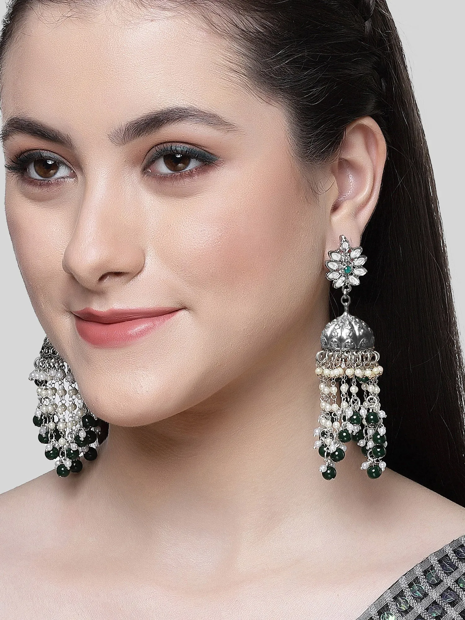 Karatcart Oxidised Silver Plated Green Beads and Kundan Studded Jhumki Earrings for Women