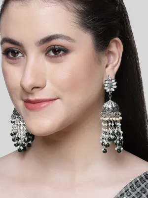 Karatcart Oxidised Silver Plated Green Beads and Kundan Studded Jhumki Earrings for Women