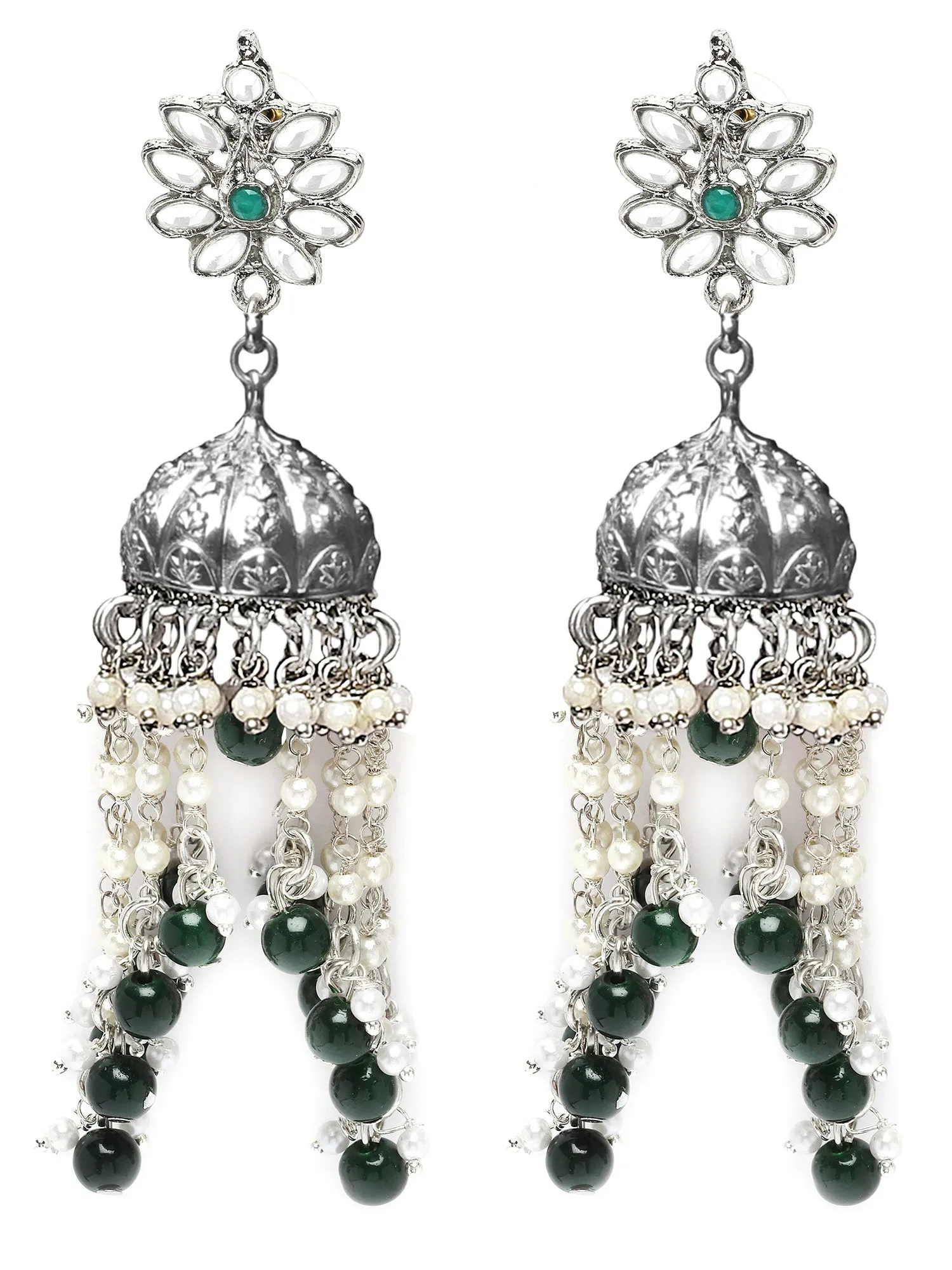 Karatcart Oxidised Silver Plated Green Beads and Kundan Studded Jhumki Earrings for Women