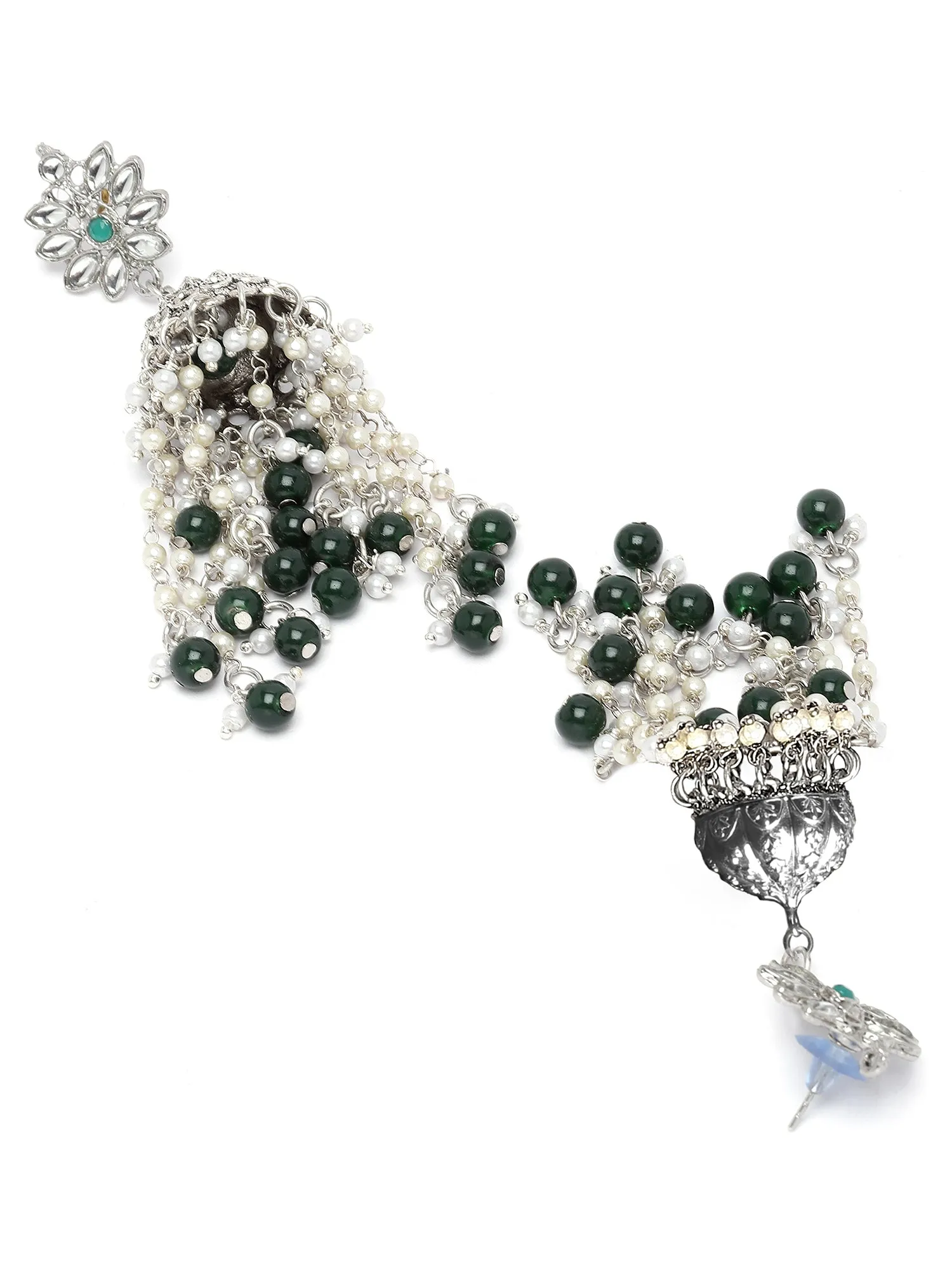 Karatcart Oxidised Silver Plated Green Beads and Kundan Studded Jhumki Earrings for Women