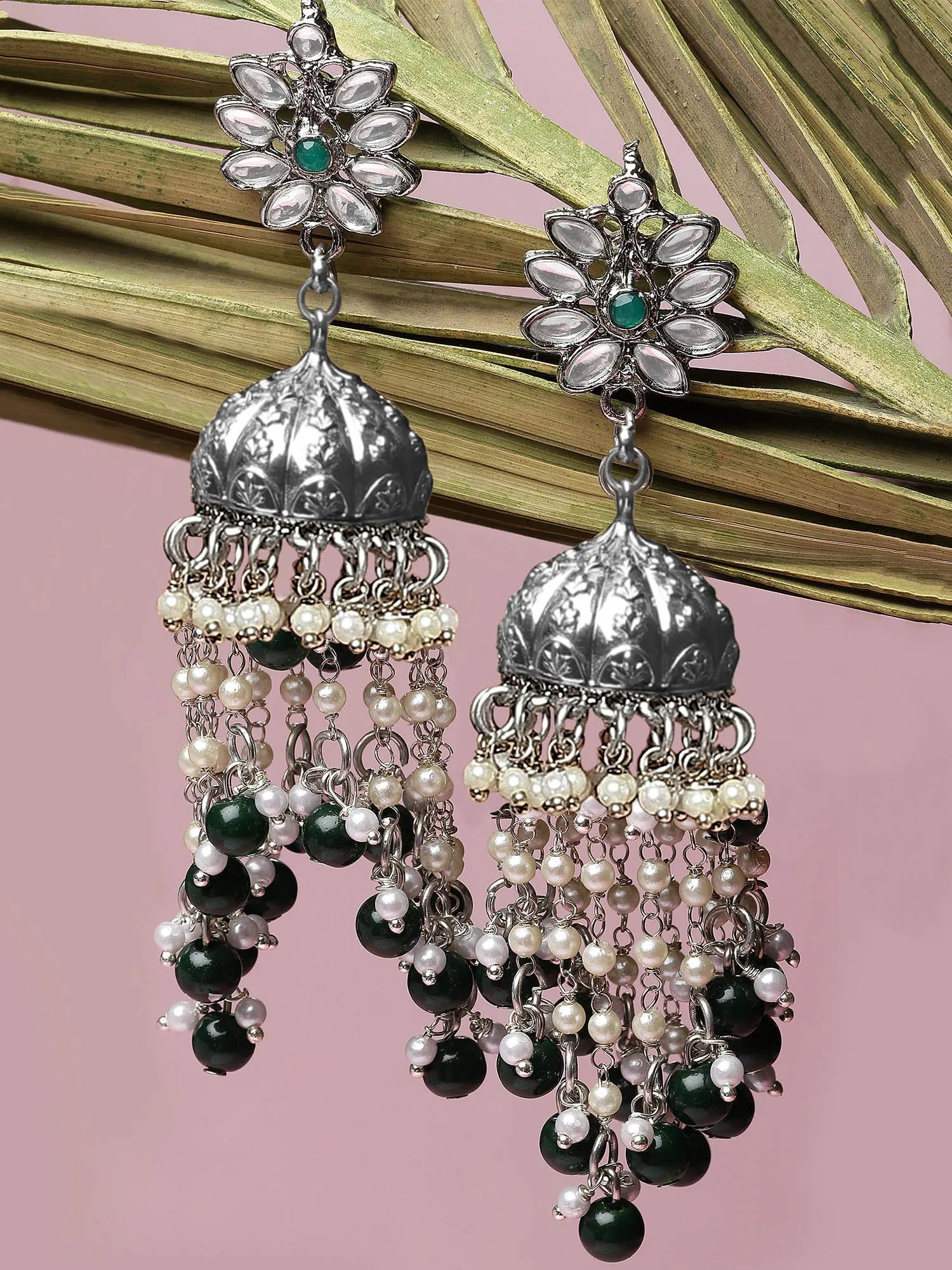 Karatcart Oxidised Silver Plated Green Beads and Kundan Studded Jhumki Earrings for Women