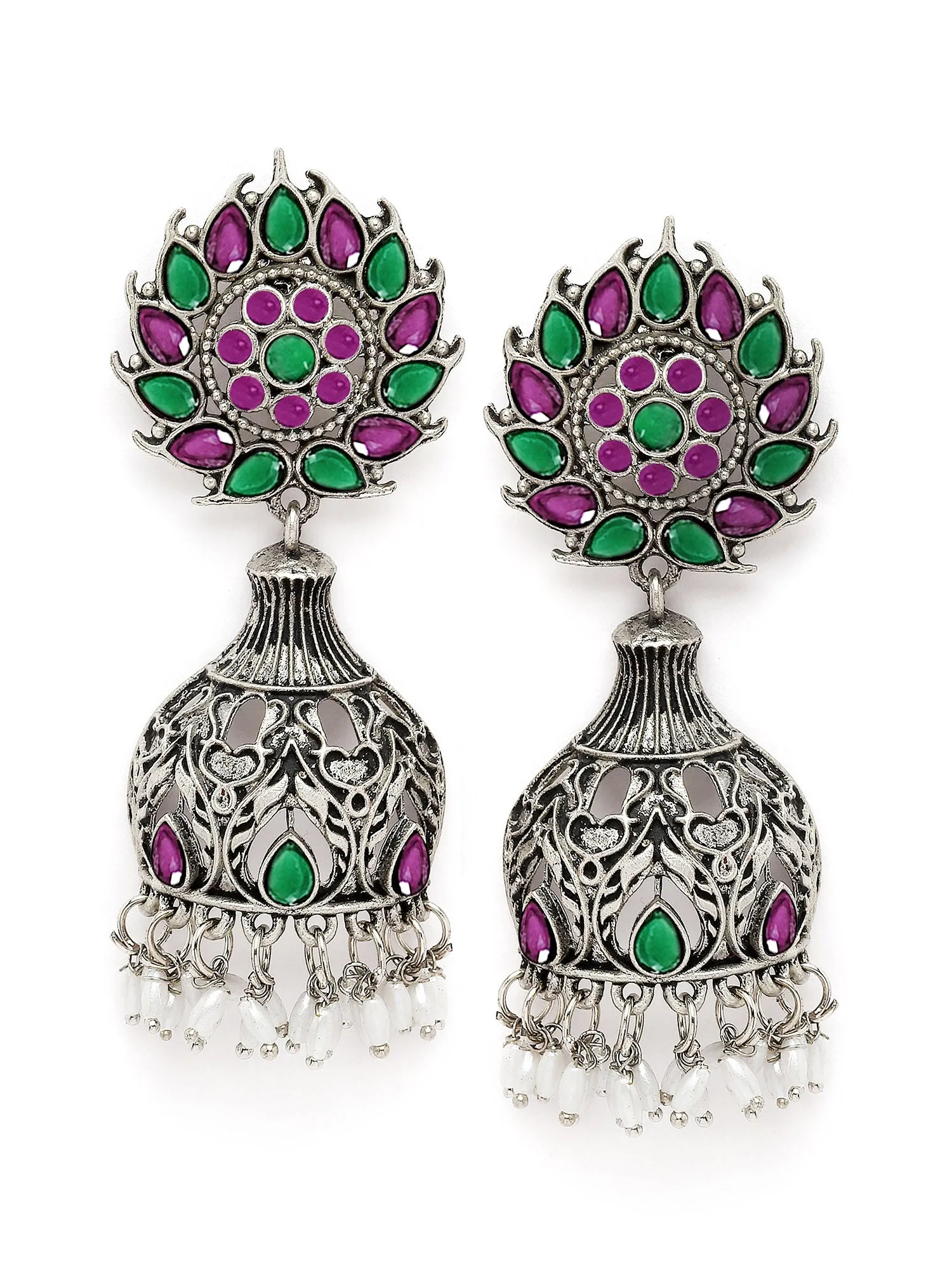 Karatcart Oxidised Silver Purple & Green Stone Drop Earring for Women