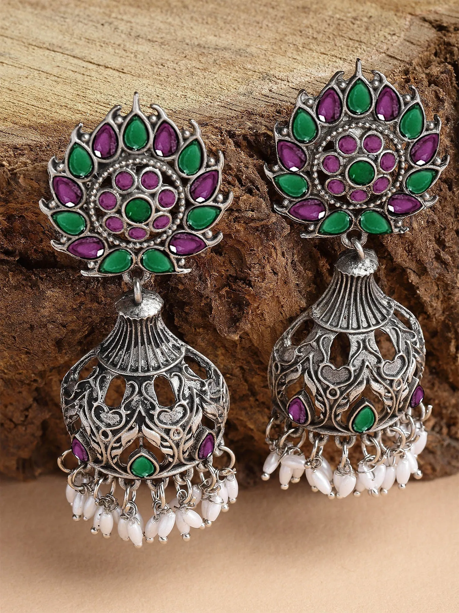 Karatcart Oxidised Silver Purple & Green Stone Drop Earring for Women