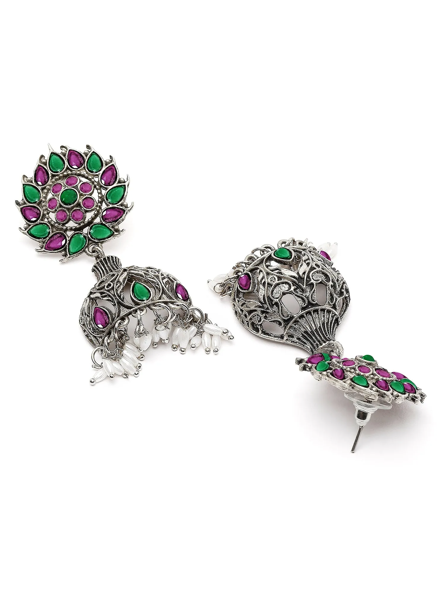 Karatcart Oxidised Silver Purple & Green Stone Drop Earring for Women