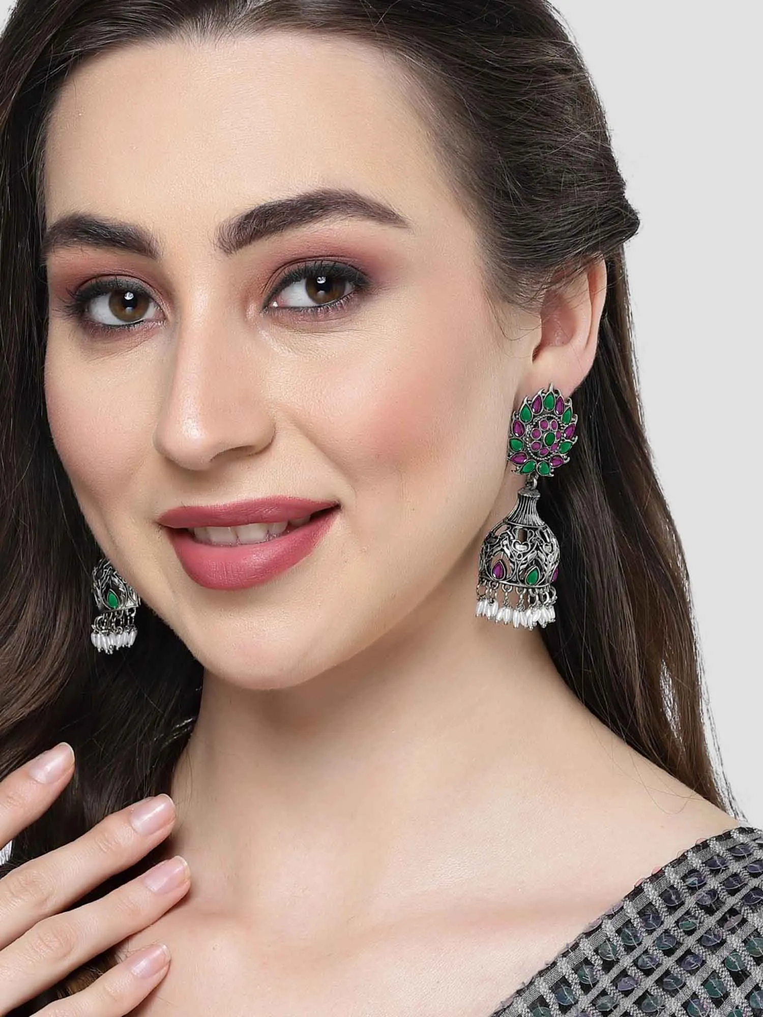 Karatcart Oxidised Silver Purple & Green Stone Drop Earring for Women