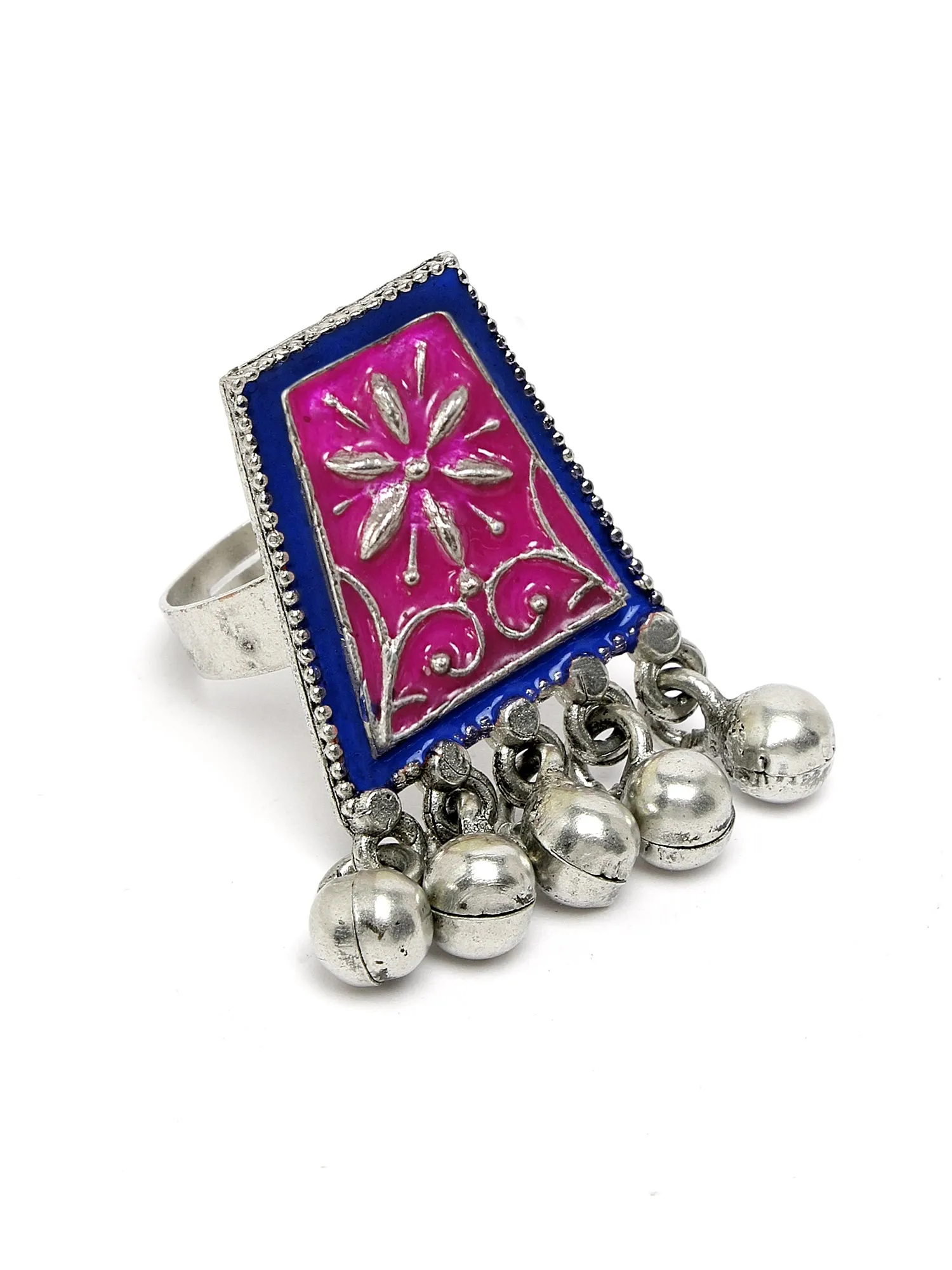 Karatcart Oxidised Silver Purple and Blue Meena Finger Ring for Women
