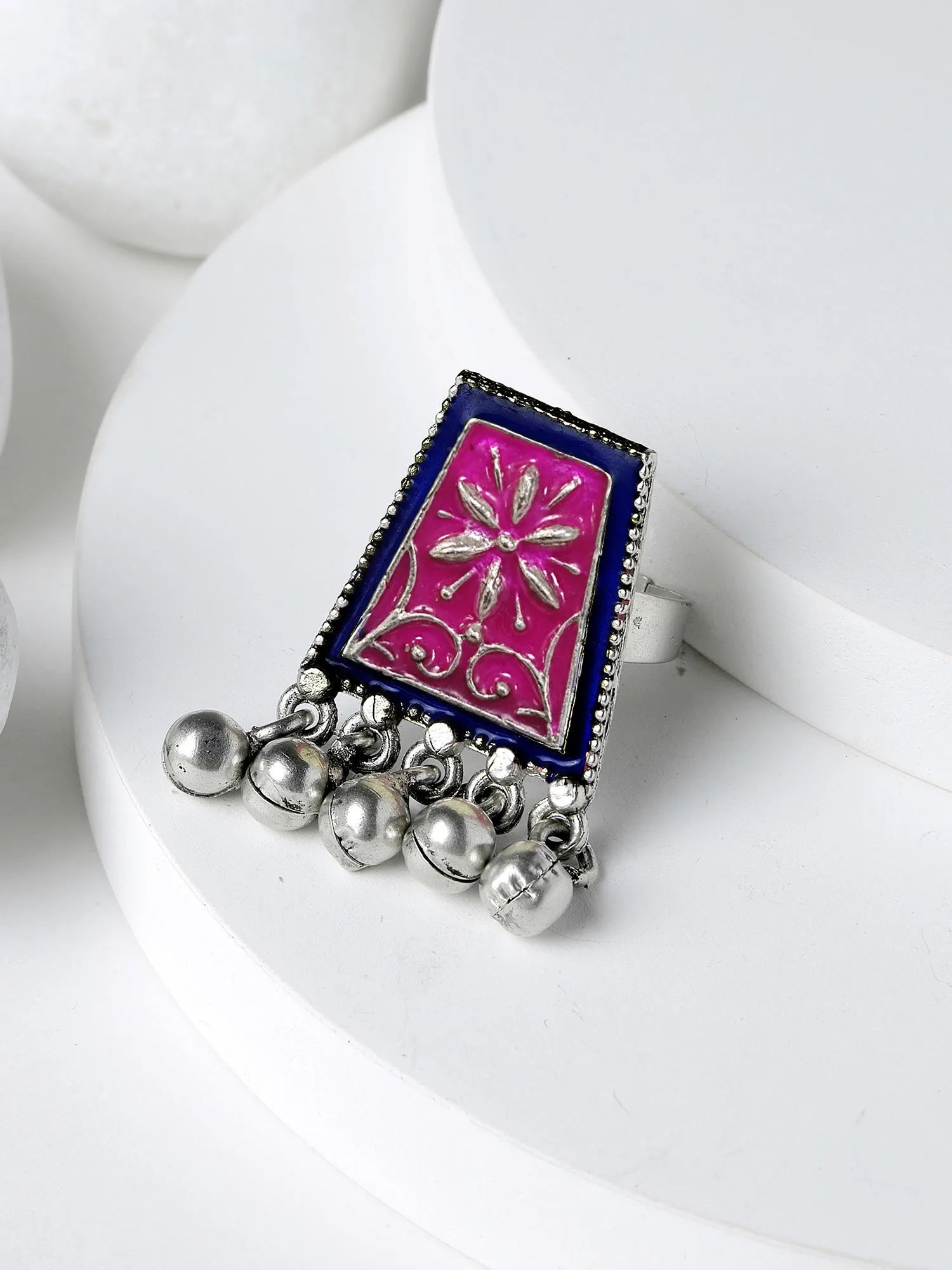 Karatcart Oxidised Silver Purple and Blue Meena Finger Ring for Women