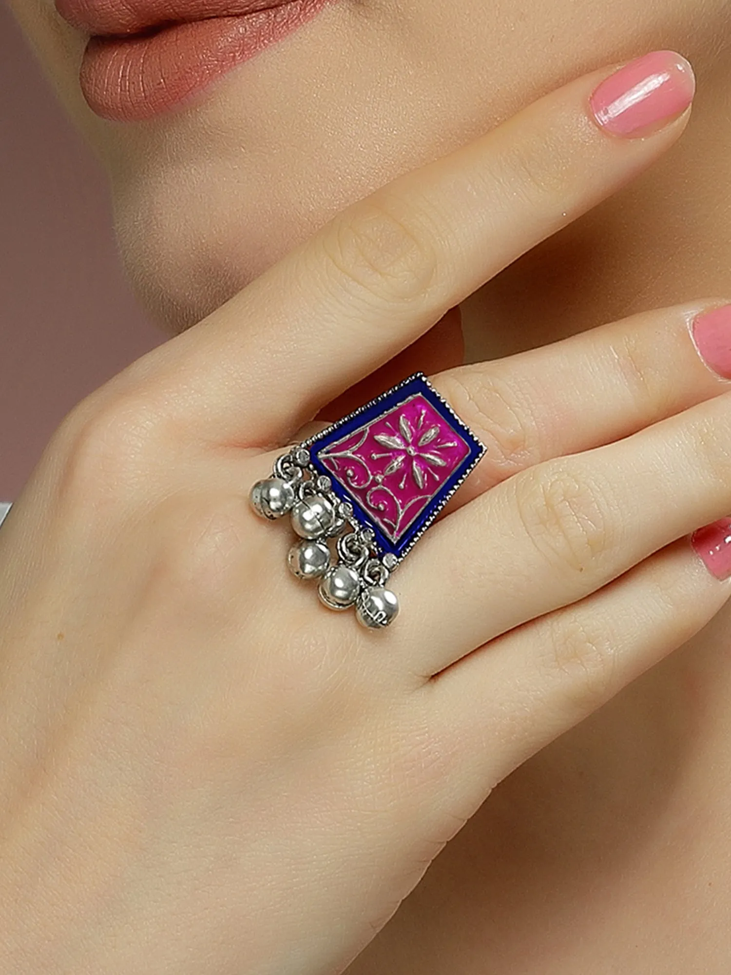 Karatcart Oxidised Silver Purple and Blue Meena Finger Ring for Women