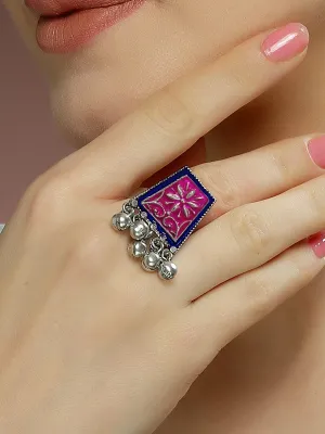 Karatcart Oxidised Silver Purple and Blue Meena Finger Ring for Women