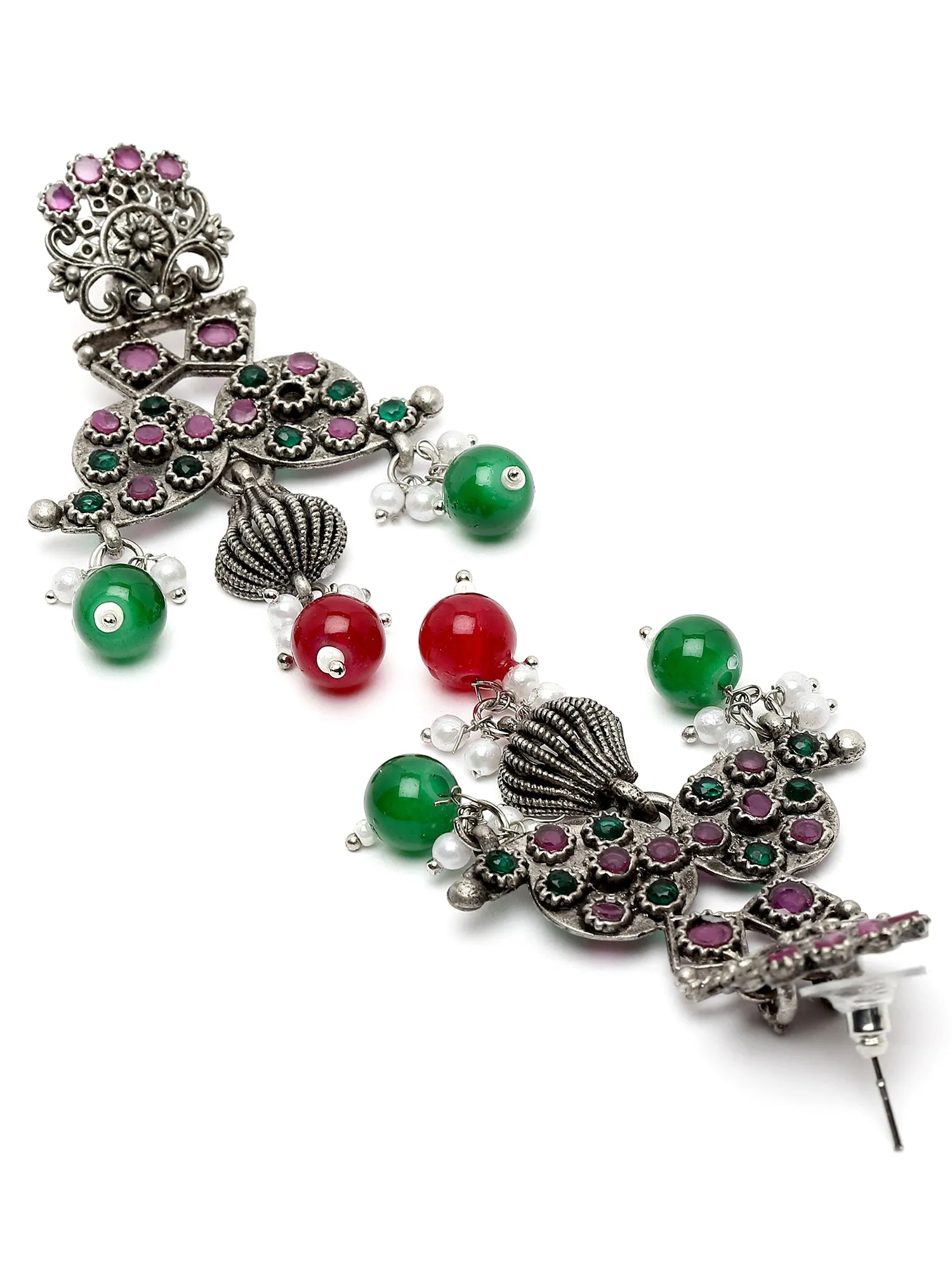 Karatcart Oxidised Silver Purple and Green Stone Dangler Earring for Women
