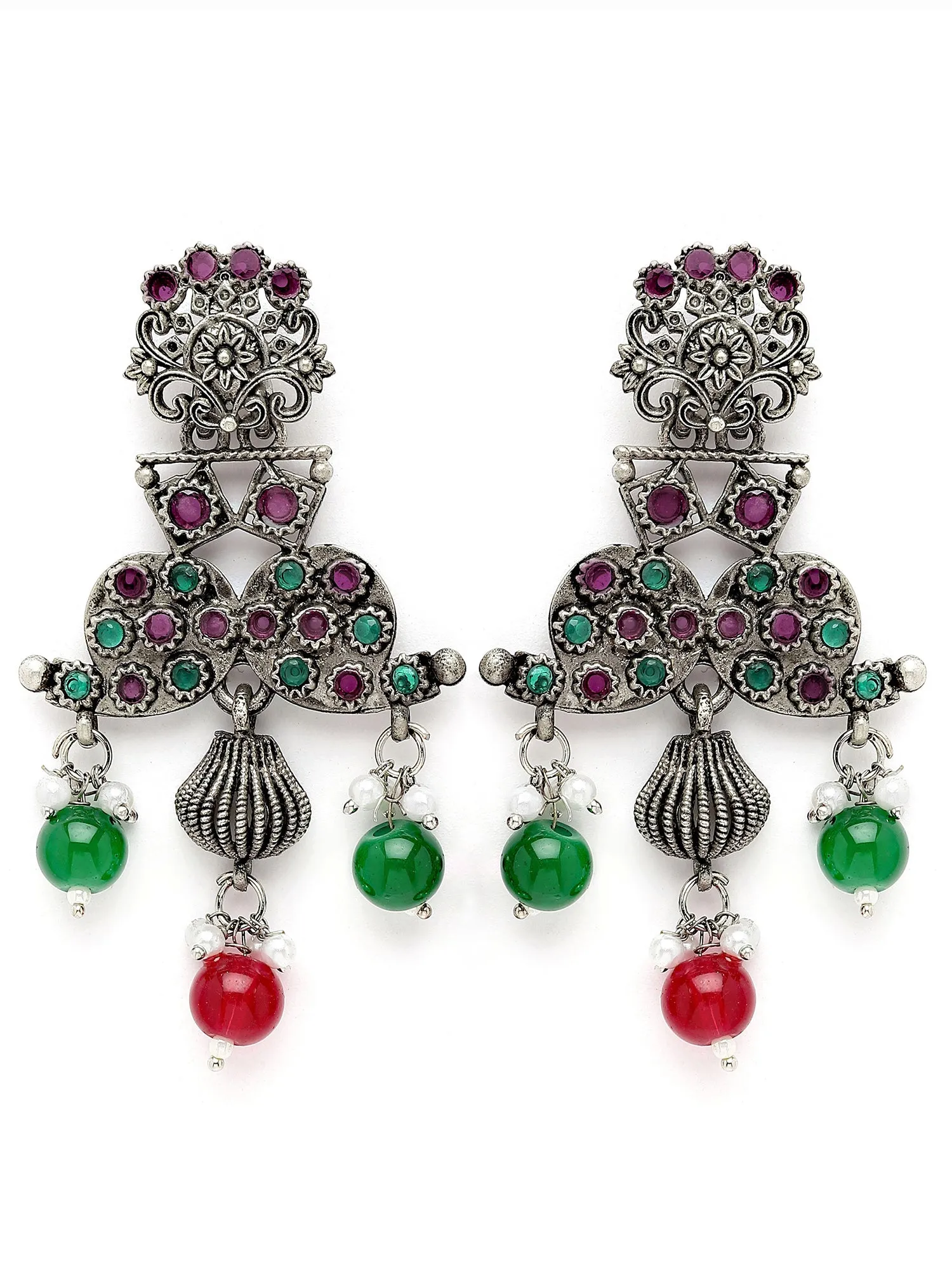 Karatcart Oxidised Silver Purple and Green Stone Dangler Earring for Women