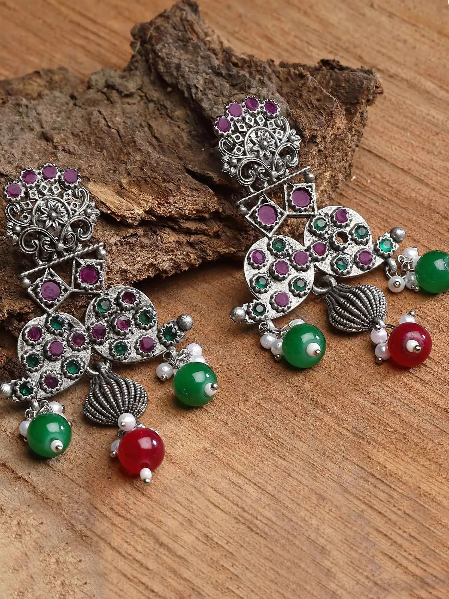Karatcart Oxidised Silver Purple and Green Stone Dangler Earring for Women