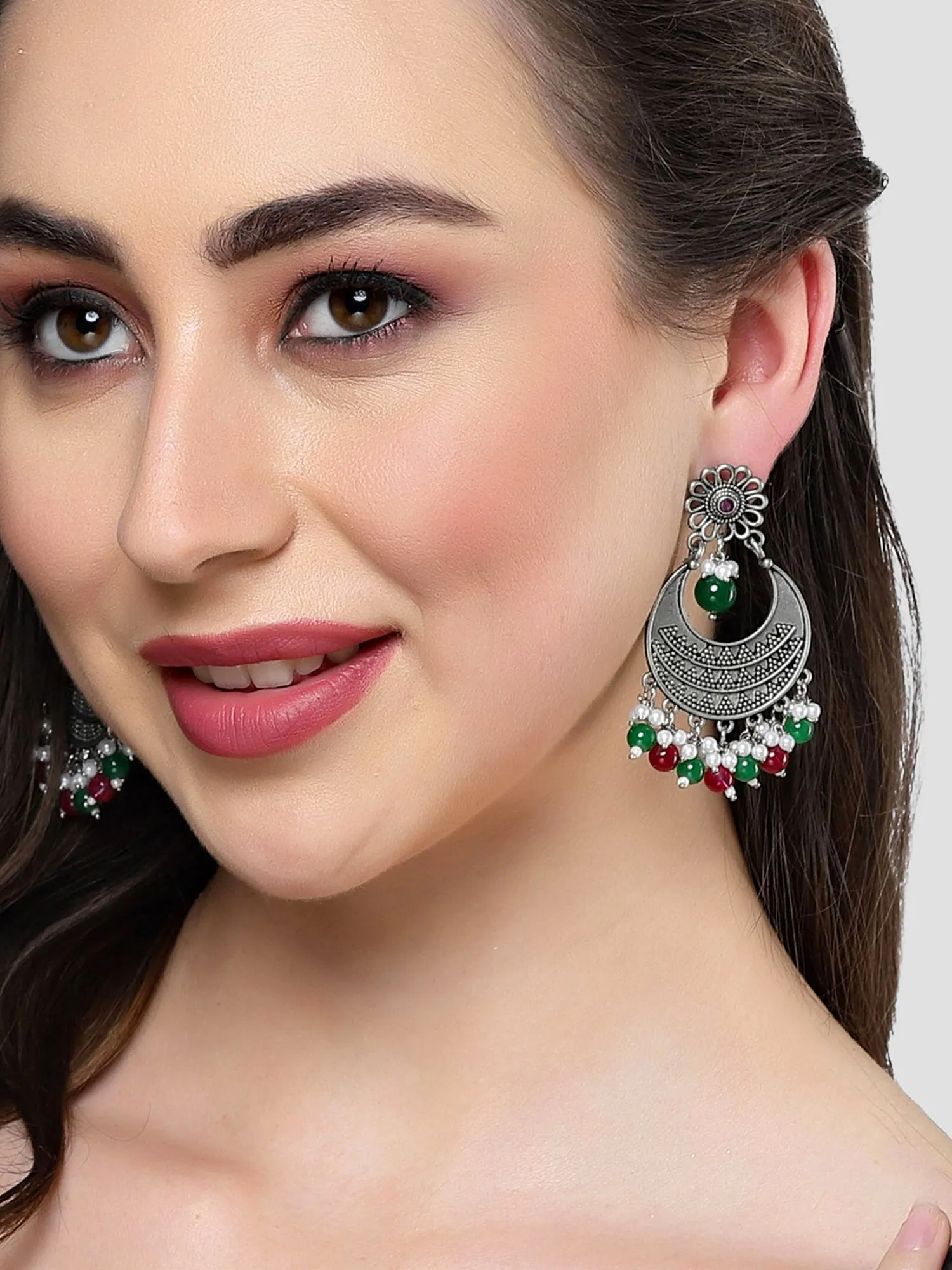 Karatcart Oxidised Silver Red and Green Beads Dangler Earrings for Women