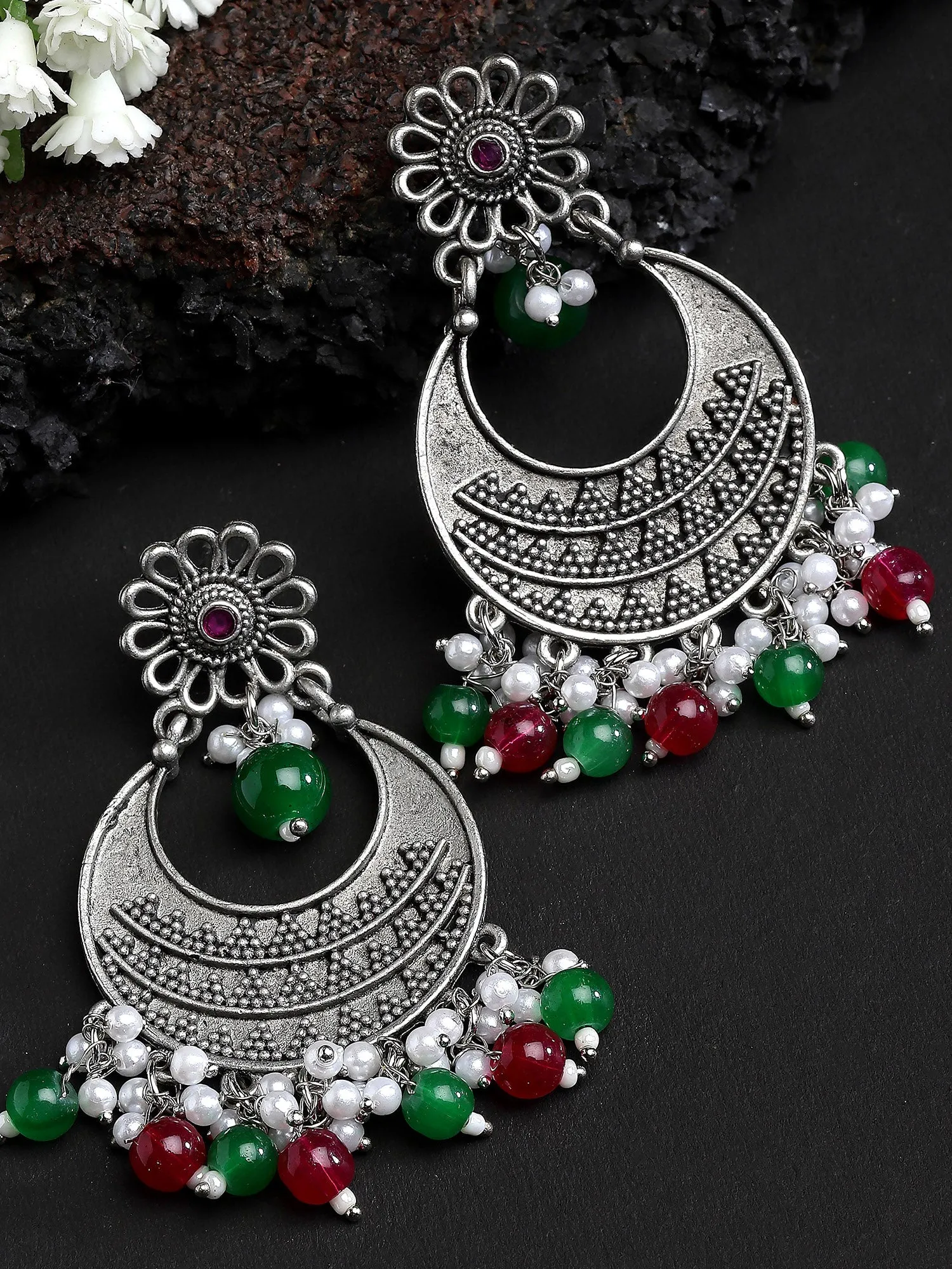 Karatcart Oxidised Silver Red and Green Beads Dangler Earrings for Women