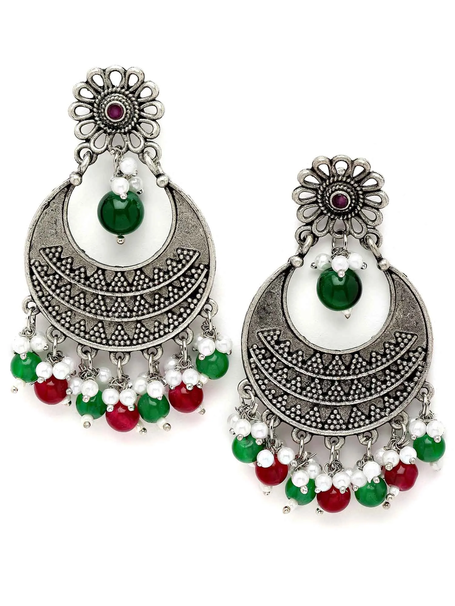 Karatcart Oxidised Silver Red and Green Beads Dangler Earrings for Women