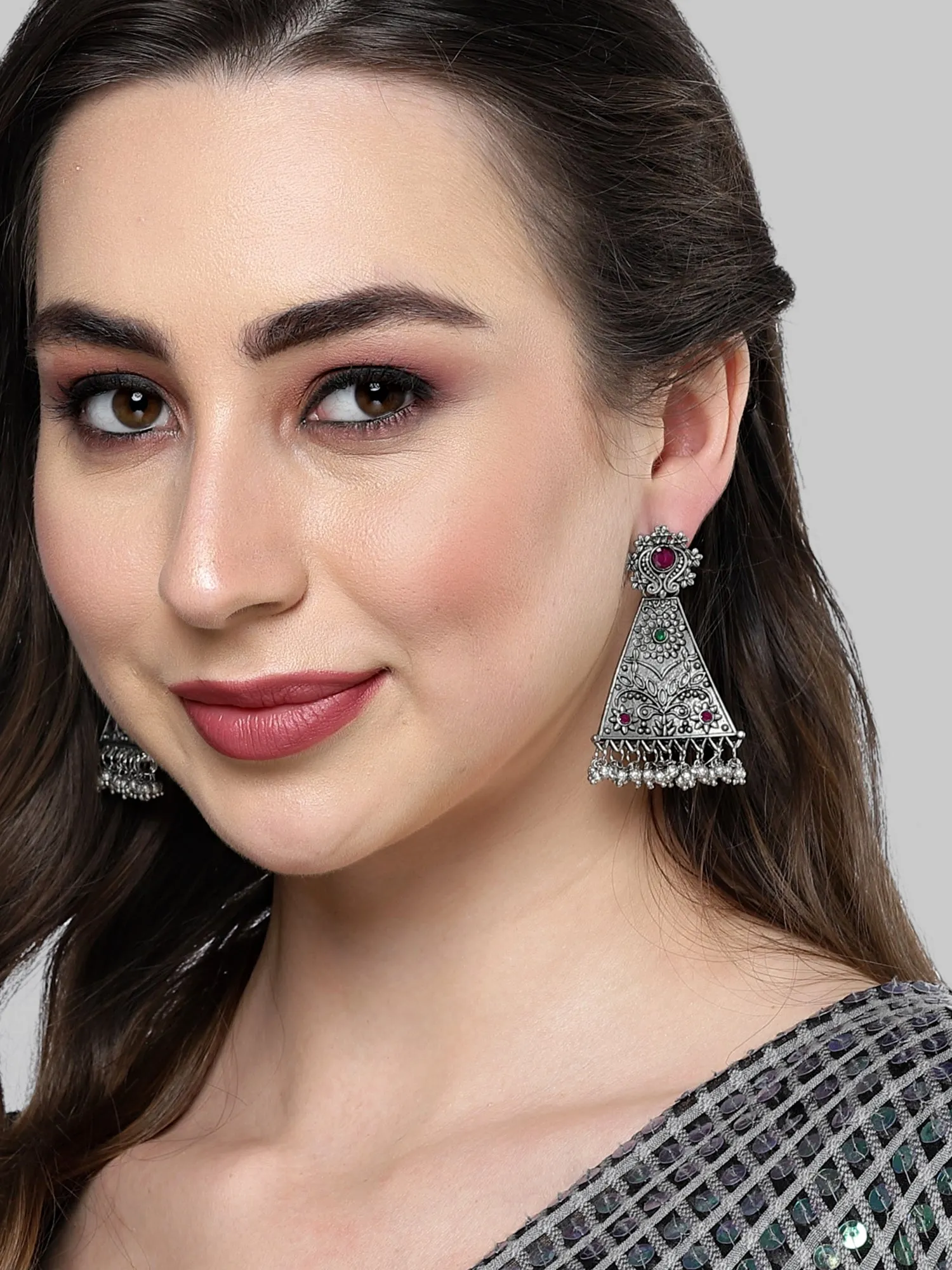 Karatcart Oxidised Silver Red and Green Stone Floral Design Drop Earring for Women