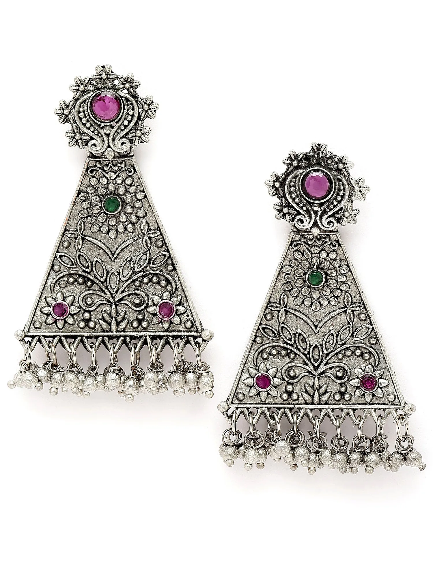 Karatcart Oxidised Silver Red and Green Stone Floral Design Drop Earring for Women