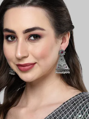 Karatcart Oxidised Silver Red and Green Stone Floral Design Drop Earring for Women