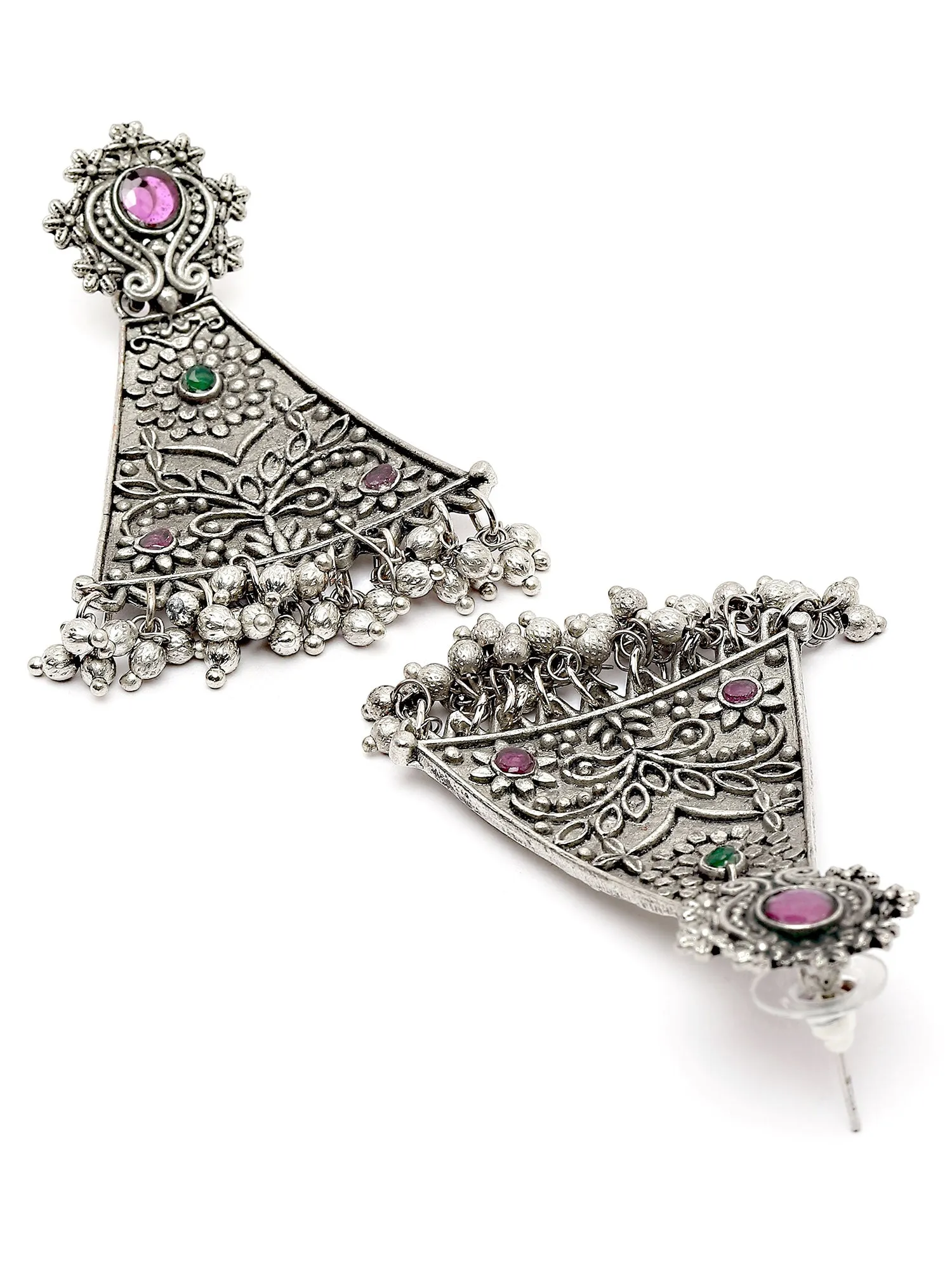 Karatcart Oxidised Silver Red and Green Stone Floral Design Drop Earring for Women