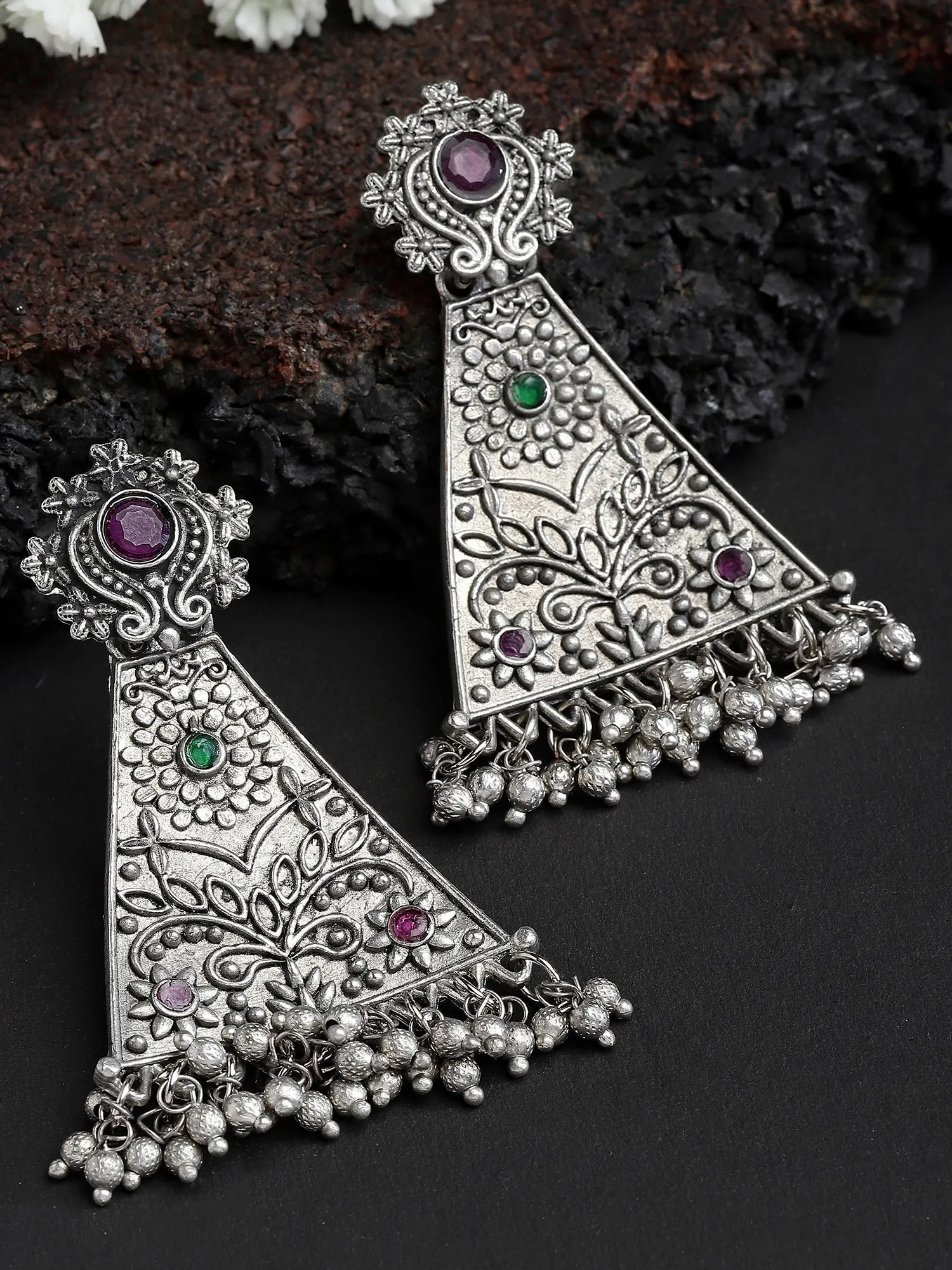 Karatcart Oxidised Silver Red and Green Stone Floral Design Drop Earring for Women