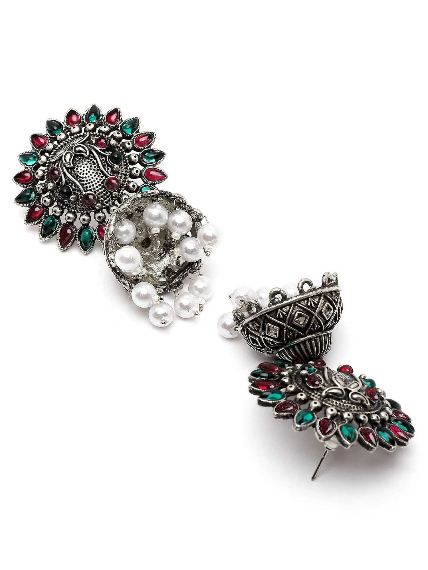 Karatcart Oxidised Silver Red and Green Stone Jhumki Earring for Women