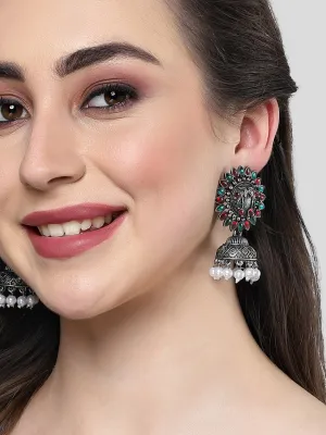 Karatcart Oxidised Silver Red and Green Stone Jhumki Earring for Women