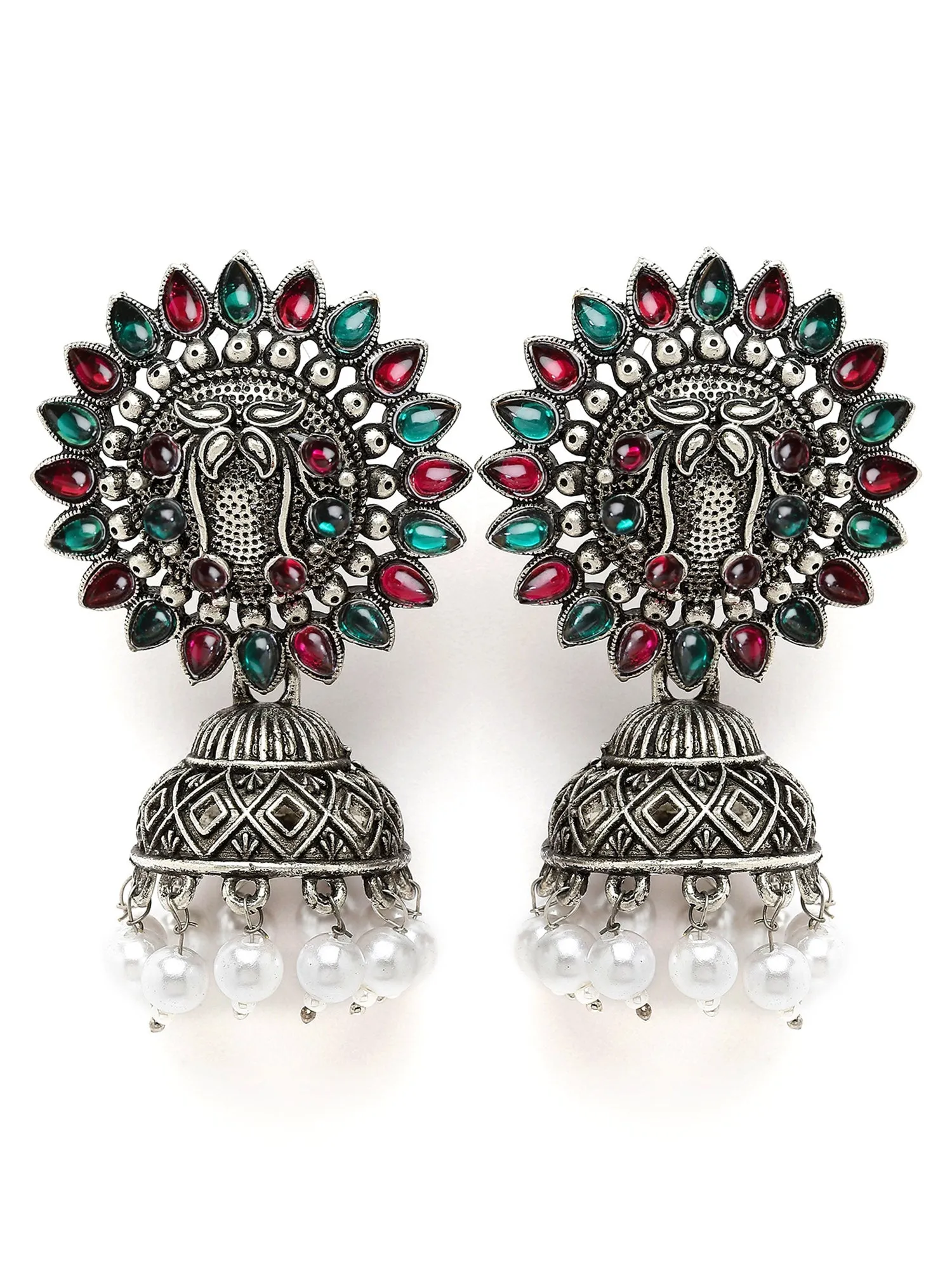 Karatcart Oxidised Silver Red and Green Stone Jhumki Earring for Women