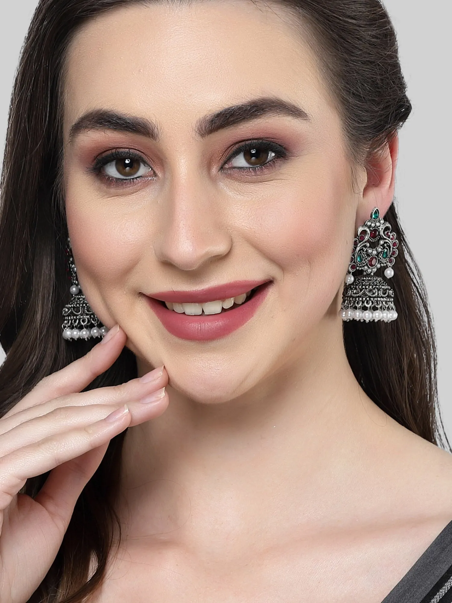 Karatcart Oxidised-Silver Red and Green Stone Jhumki Earring for Women