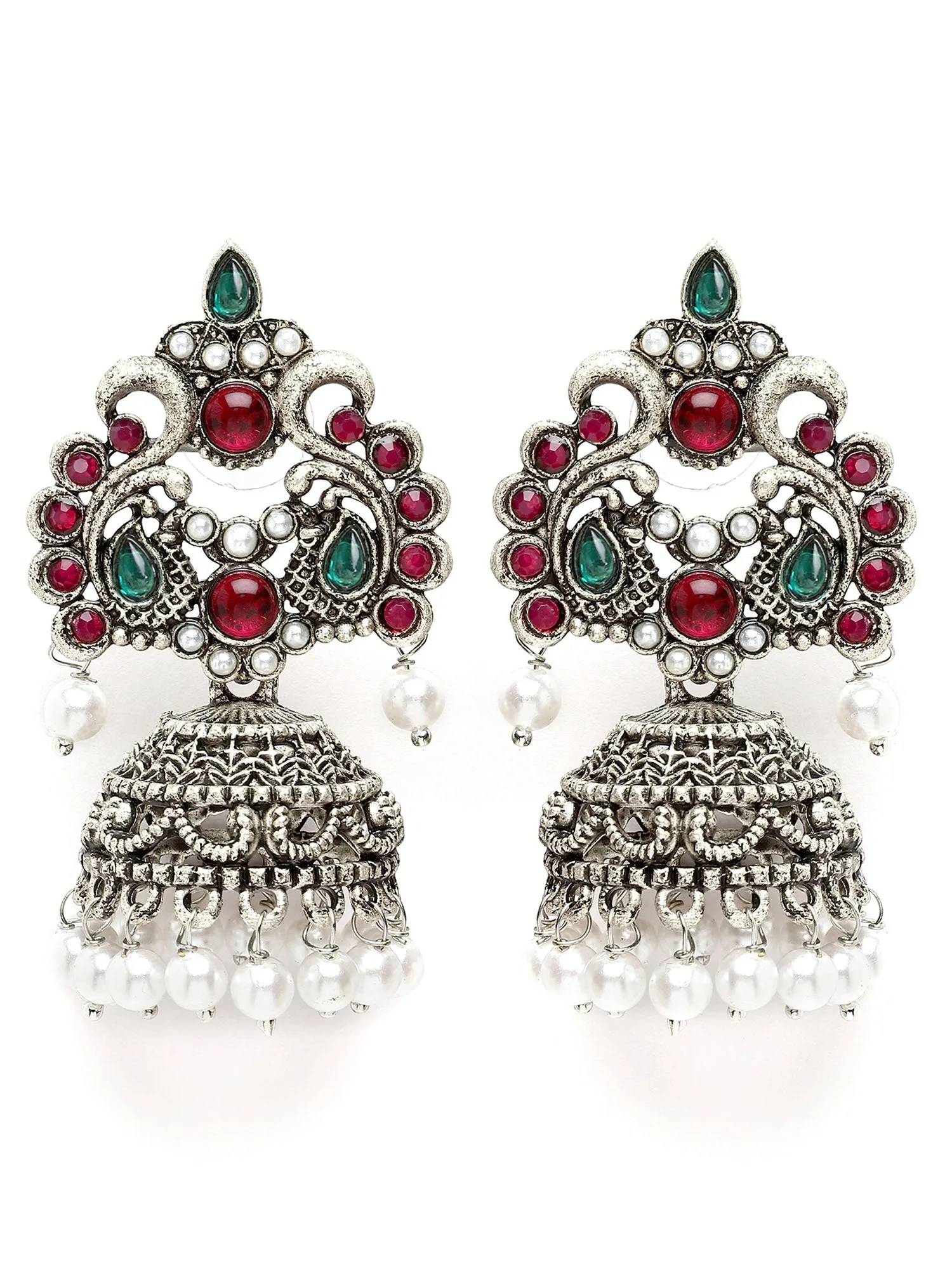 Karatcart Oxidised-Silver Red and Green Stone Jhumki Earring for Women