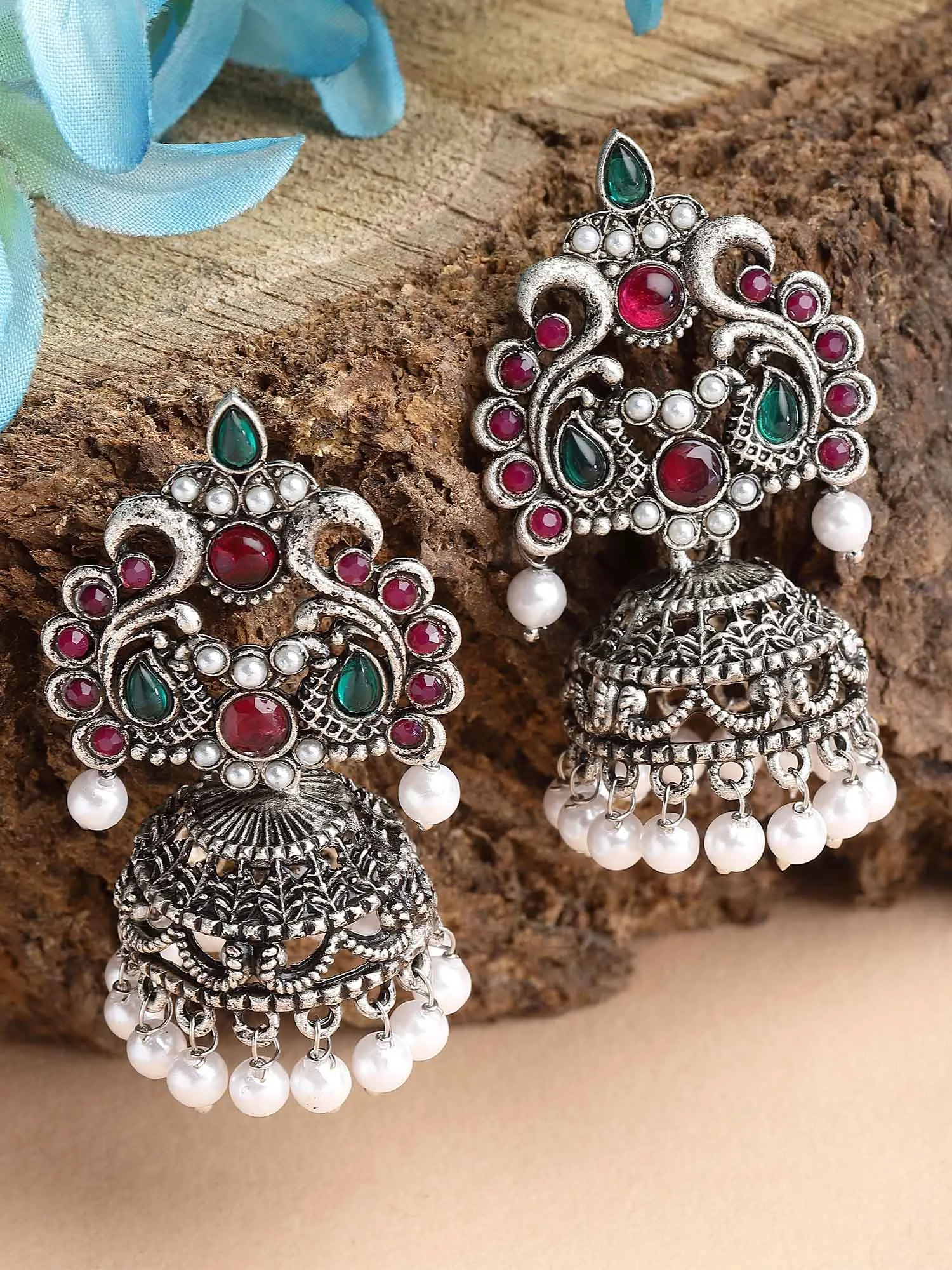 Karatcart Oxidised-Silver Red and Green Stone Jhumki Earring for Women