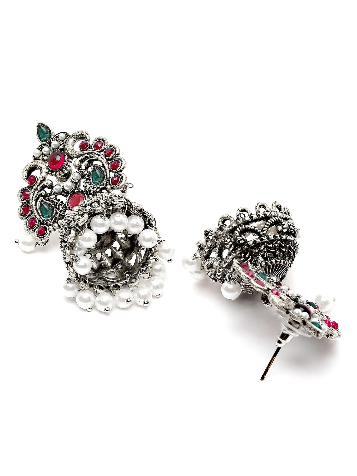Karatcart Oxidised-Silver Red and Green Stone Jhumki Earring for Women