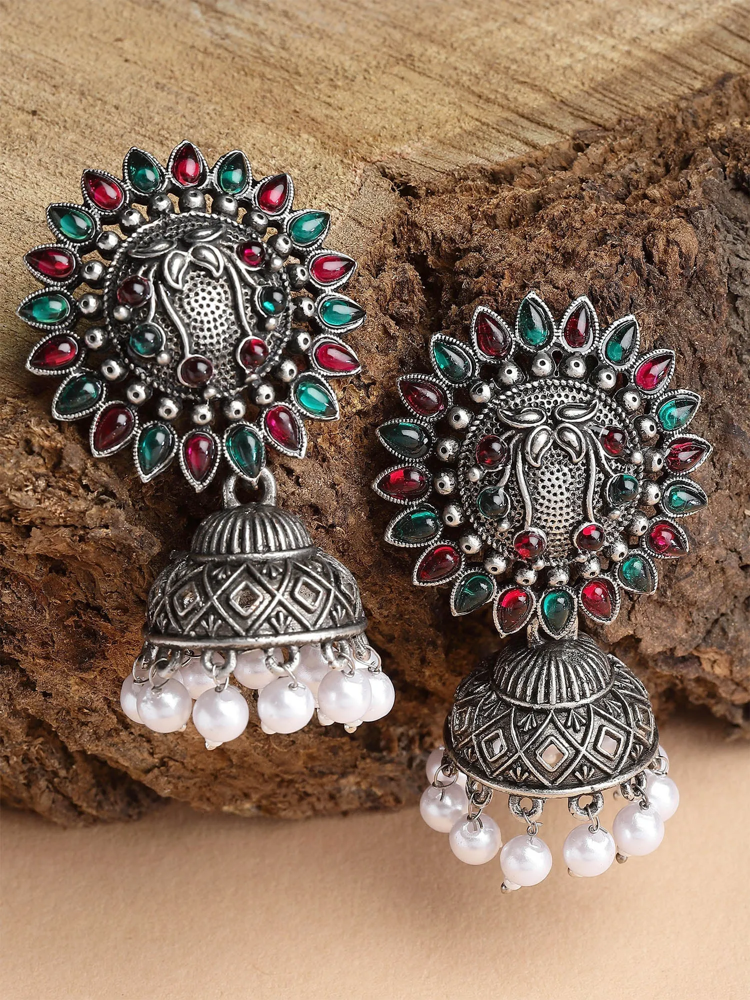Karatcart Oxidised Silver Red and Green Stone Jhumki Earring for Women